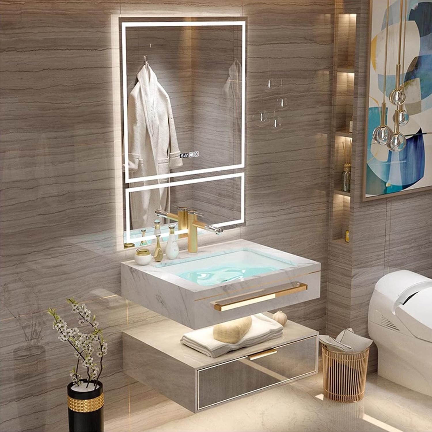 Single Sink Bathroom Vanity,Bathroom Vanity With Sink,Stylish Design Wall Mounted Floating Bathroom Vanities LED Smart Defog Mirror Cabinet, Bathroom Vanity Large Storage Drawer/Dark Brown 32"