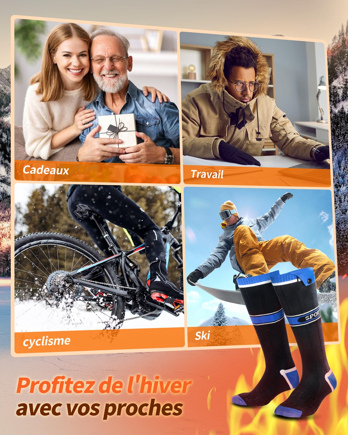 2026 Upgraded Chaussettes Chauffantes, 5000mAh*2 Rechargeable Chaussette Chauffante, 3 Températures & 360° Chauffage Lavable Chaussettes Chauffantes Hommes Femmes pour Le Ski Chasse Bleue M