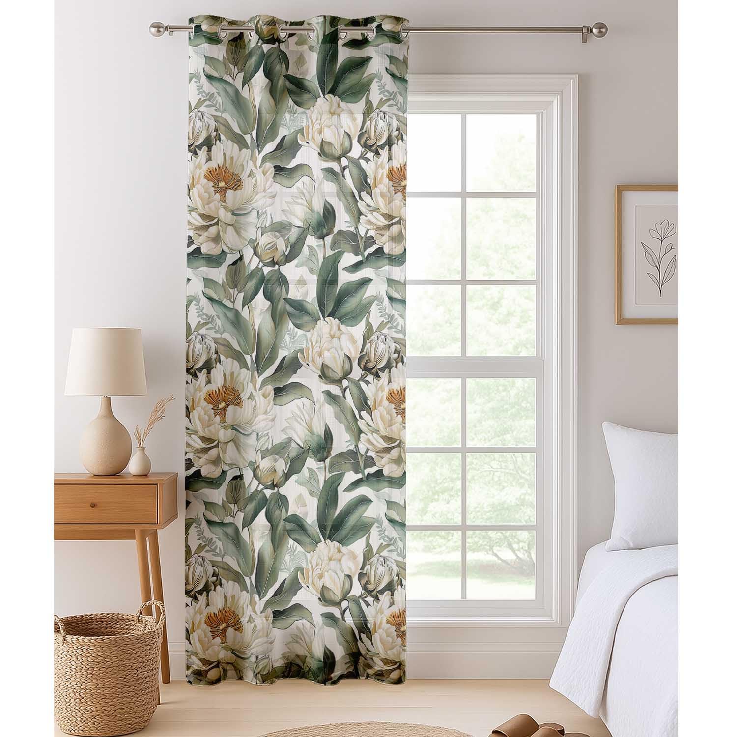 Cortinas transparentes de peonías de 160 cm en georgette con ojales para ventanas de cocina