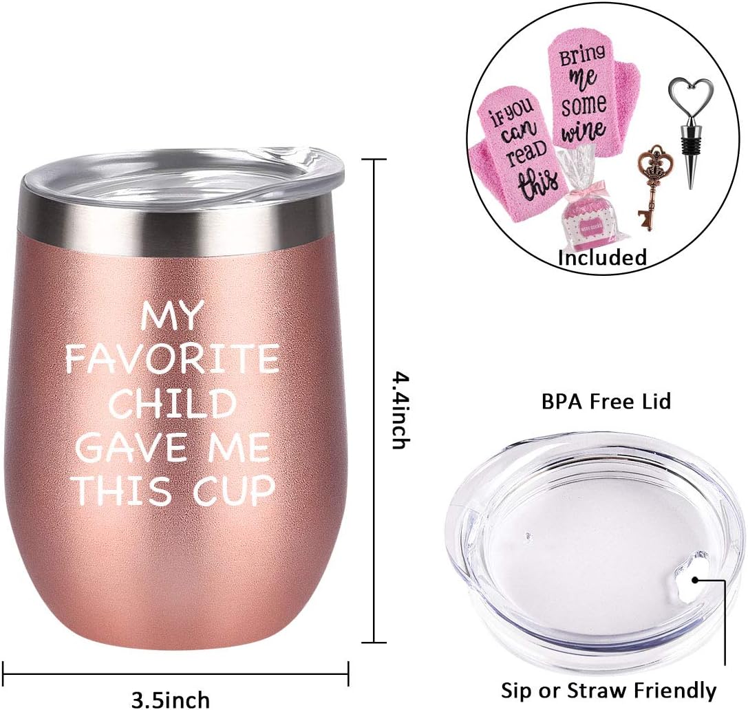 Grеаtеѕt Prоduсt Wine Tumbler Cupcake Wine Socks Gift Set, Birthday Christmas Gifts for Mom Dad Women Parents Mothers Day, Insulated Stainless Steel Wine Tumbler with Lid, Socks, Opener, Stopper (12 oz, Rose Gold)