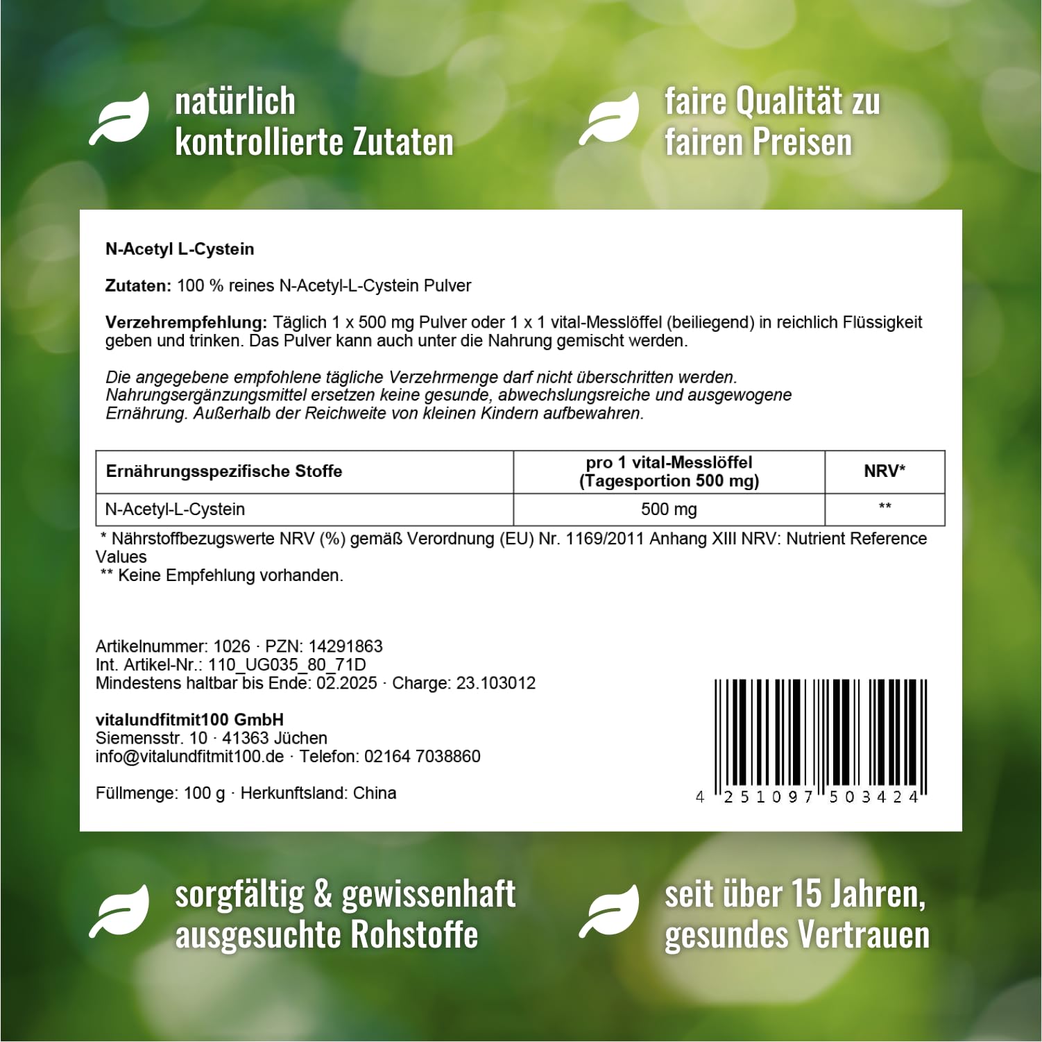 N-Acetyl-L-Cystein Pulver 200 g (2 x 100 g) - NAC - schwefelhaltige Aminosäure - hochdosiert - Fermentationsgewinnung - vegan und rein - OHNE Hilfs- u. Zusatzstoffe - Deutsche Herstellung