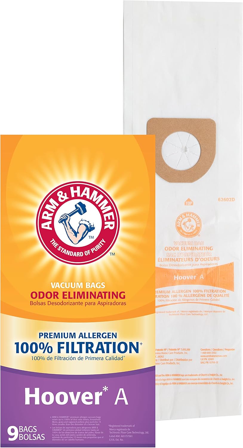Arm & Hammer Premium Vacuum Bag, Replacement for Hoover Type A - 9 Pack , White