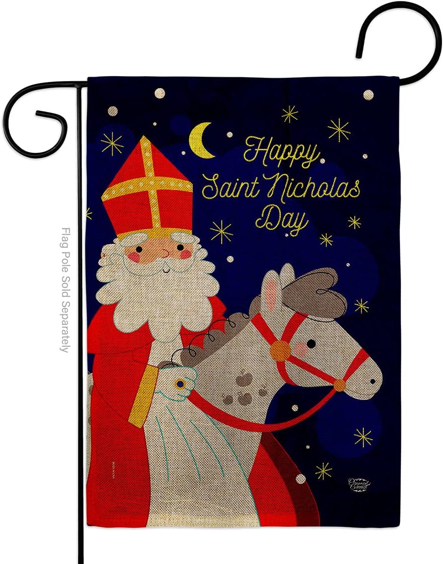 Saint Nicholas Day Garden Flag Set Wall Hanger Wintertime Winter Wonderland Snowflake Snowman Ice Skate Season Snow Small Decorative Gift Yard House Banner Made In USA 13 X 18.5