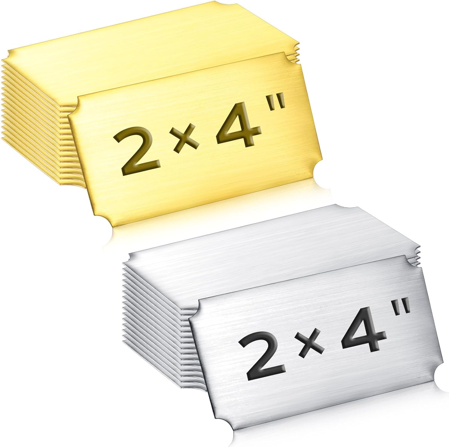 Therwen 30 Pcs Name Plates Laser Engraved Brushed Stainless Steel Plate Personalized Plaque Blank Custom Name Tag Frame Label with Adhesive Backing(Silver and Gold,4''x 2'',Notched Corner)