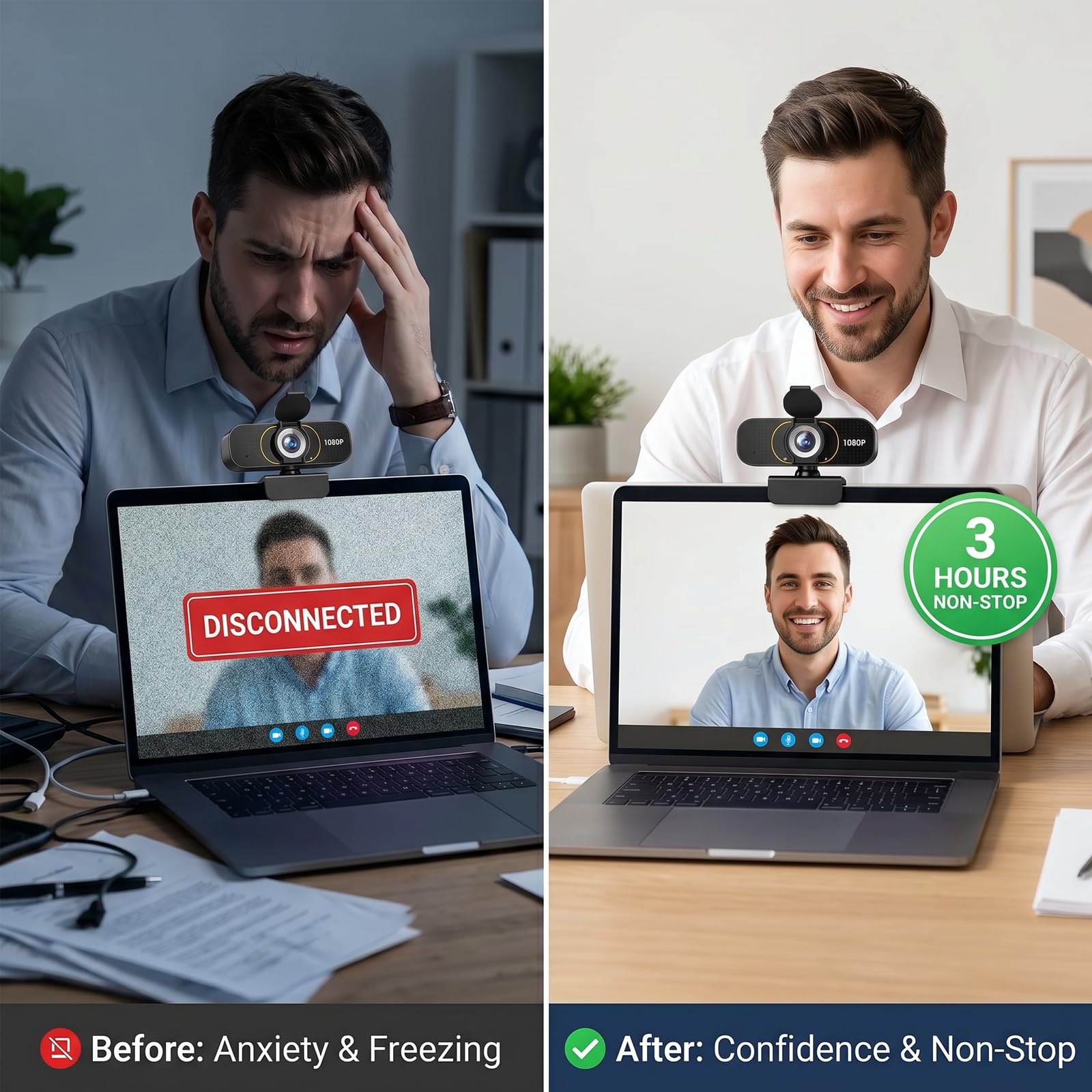 Webcam Full HD 1080p, microfono integrato, treppiede, copertura privacy, correzione automatica della luce e USB plug-and-play, per PC desktop o computer portatile, perfetta per streaming e
