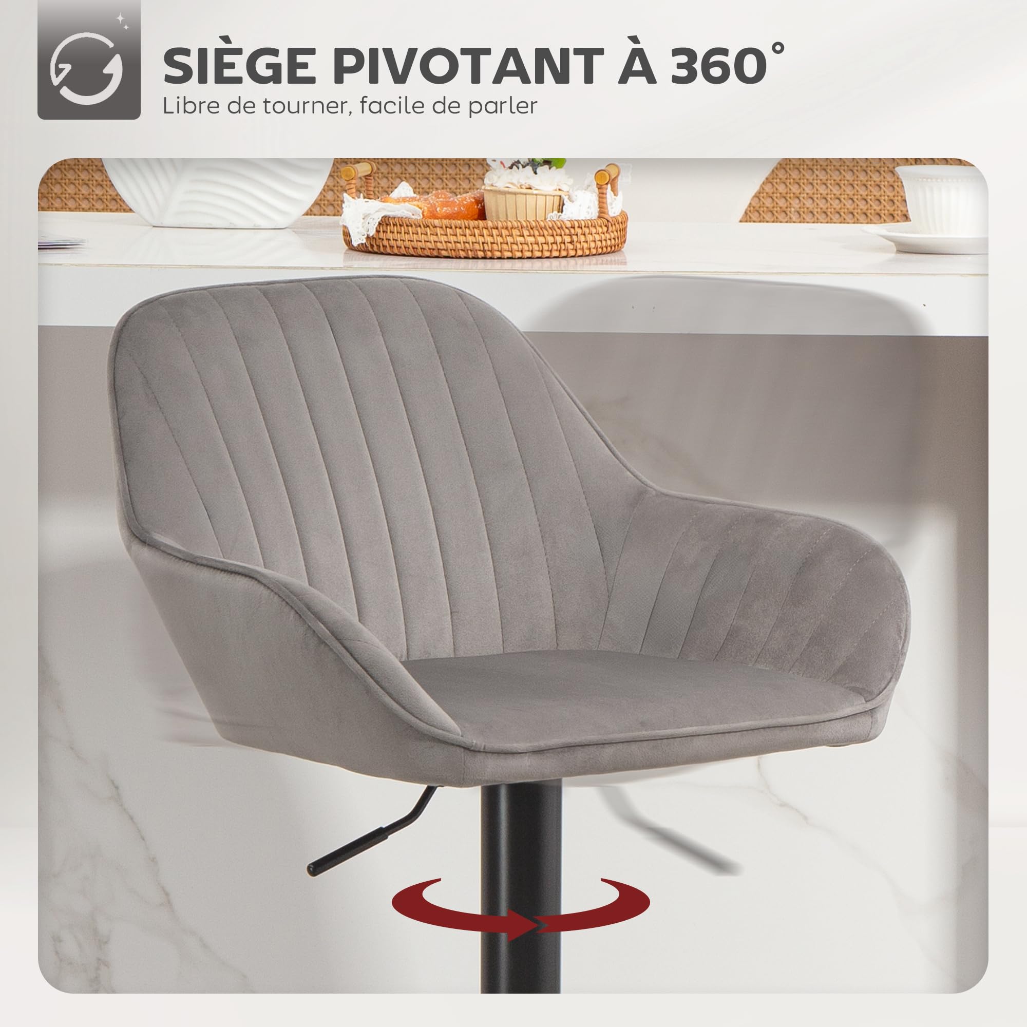 HOMCOM Lot de 2 Tabourets de Bar en Velours Dossier Repose-Pieds Gris
