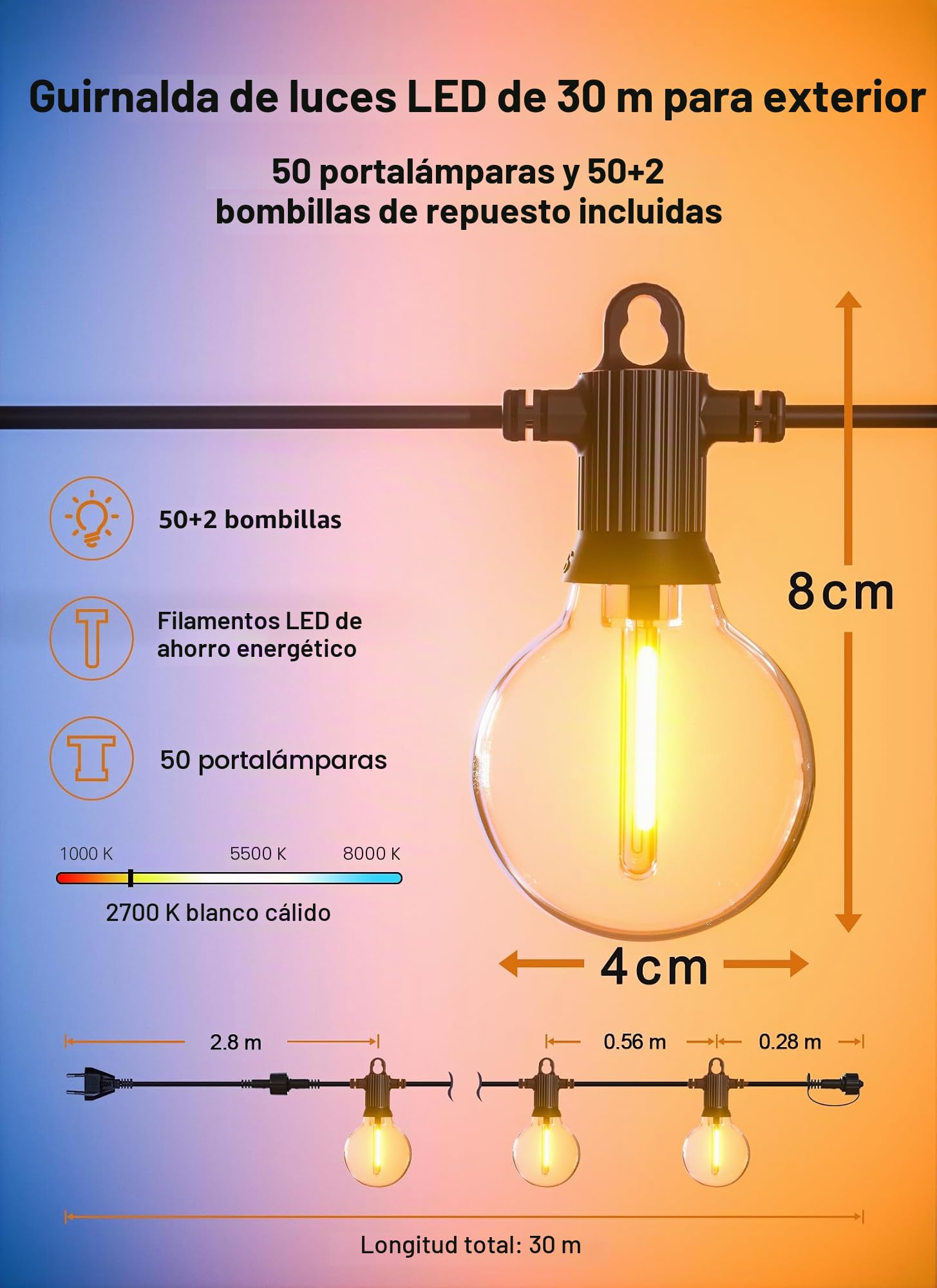 Zuske Guirnaldas de Luces Exterior, 30M LED Cadena de Luz con 50+2 Bombillas, IP65 Impermeable Guirnaldas Luminosas Exterior con Enchufe Luces Exterior para Jardín, Patio, Fiesta,Terraza
