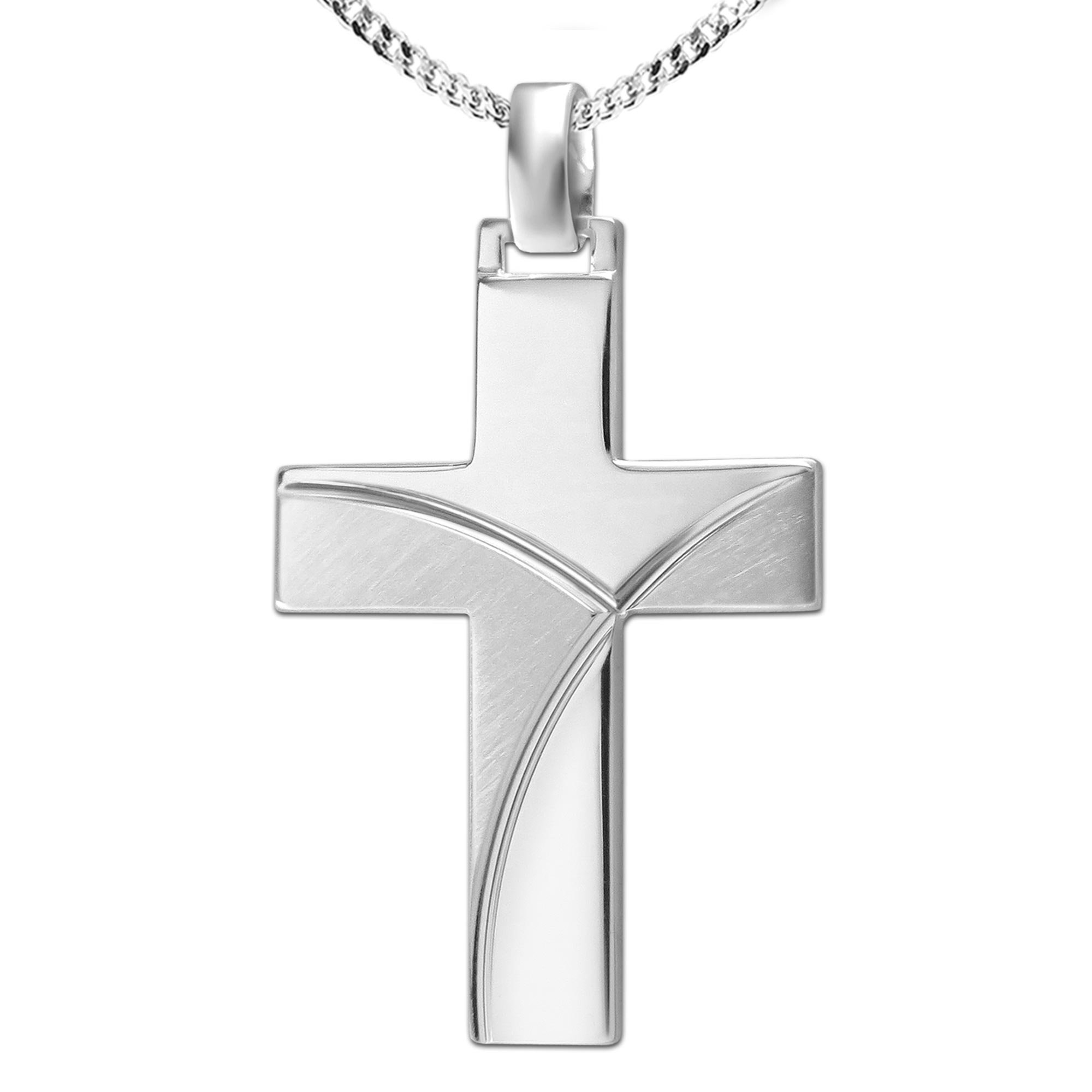 CLEVER SCHMUCKsilver pendant with big wide cross of 32 mm, curved shape, in diamond cut, matte and shiny, combined with a curb chain of 50 cm made of 925 streling silver
