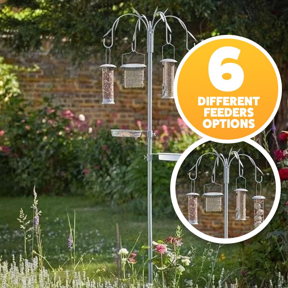 Garden Mile Comederos colgantes de 4 brazos para pájaros, incluye comederos de metal para semillas, cacahuetes, bolas de sebo, pasteles de sebo, bandeja de comedero de pájaros, soporte colgante de