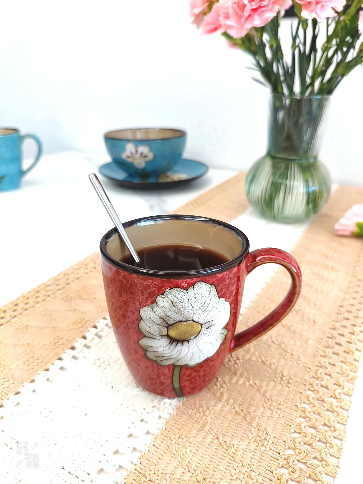 Tasse à cappuccino en céramique de 355 ml, passe au micro-ondes et au lave-vaisselle, parfaite pour le thé, expresso, latte – Tasses en porcelaine pour cuisine ou café (rouge, bleu, vert, rose)