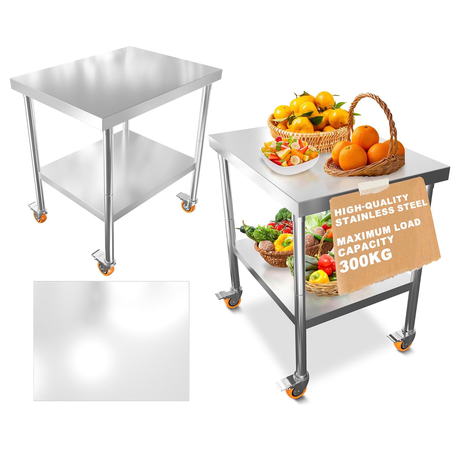 ACXIN Tavolo da lavoro in acciaio inox XL a 2 piani con ruote, portata fino a 300 kg, tavolo da preparazione, tavolo da cucina, igienico e robusto, mobile per gastronomia, catering, officina, esterno
