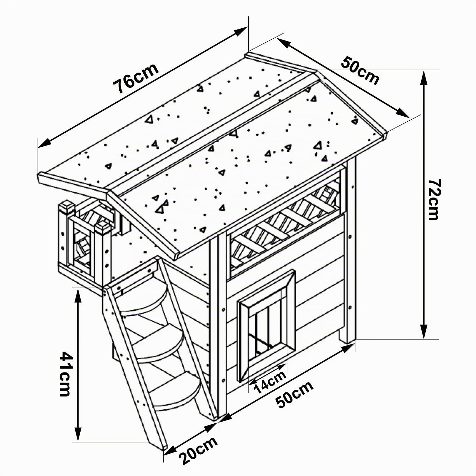 lionto Casa per gatti con terrazza e scala, rifugio da esterno in legno resistente 77x50x73 cm, protegge dalle intemperie con lamelle in PVC antivento, include istruzioni di montaggio, grigio/bianco