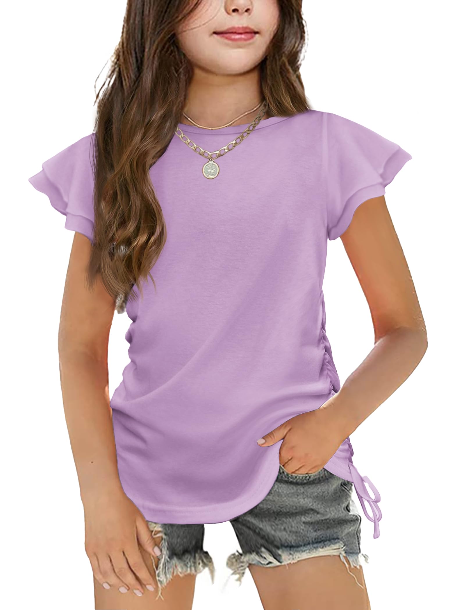 Arshiner Girls T Shirts Ruffle Short Sleeve Ruched Knot Side Tunic Blouse Summer Tee Tops