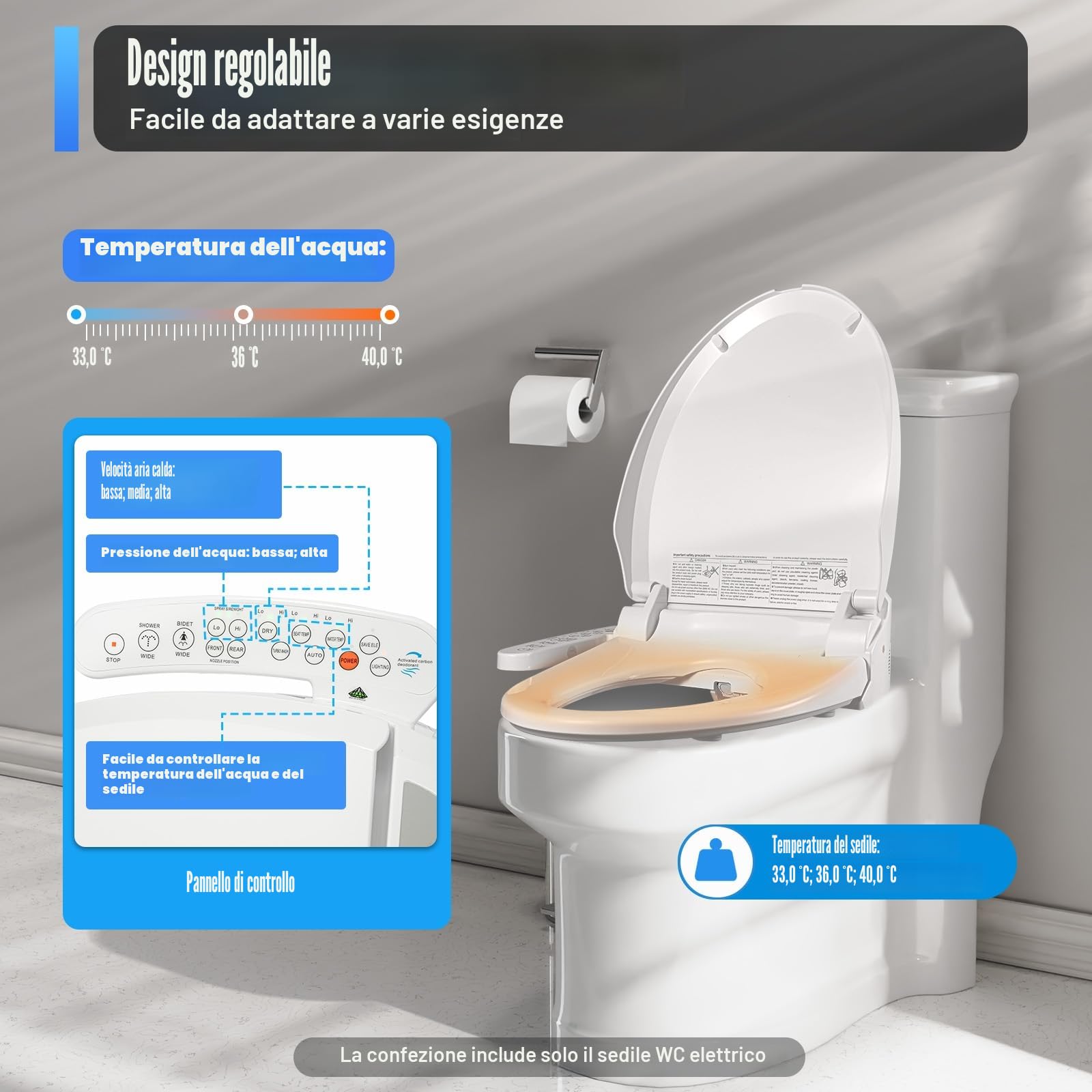Sedile WC Elettrico Smart WC con Doccia, WC Riscaldato, Pulizia Automatica, Deodorazione Automatica del Getto, Temperatura Regolabile, Massaggio, WC Intelligente