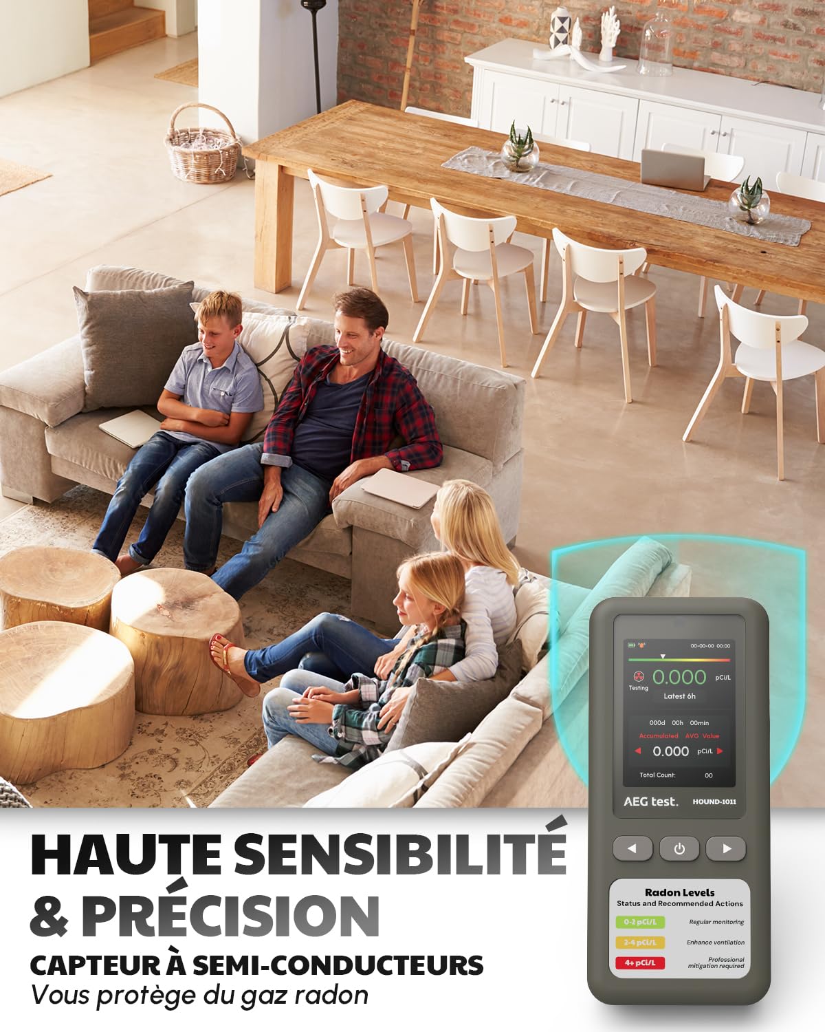 HOUND-1011 Détecteur de Radon Portable pour la Maison, léger, capteur Haute précision, 45 Jours, Facile à Utiliser, mesures Court et Long Terme en pCi/L ou Bq/m³, pour sous-Sol – Gris