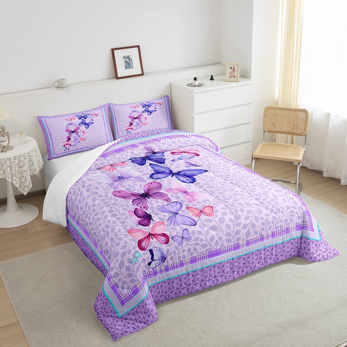 Castle Fairy Butterfly Comforter Set Queen Size Pink and Purple Bedding Set for Kids Boys Girls Bedroom Decoration Spring Floral Bed Duvet Insert Garden Theme Comforter with 2 Pillowcase