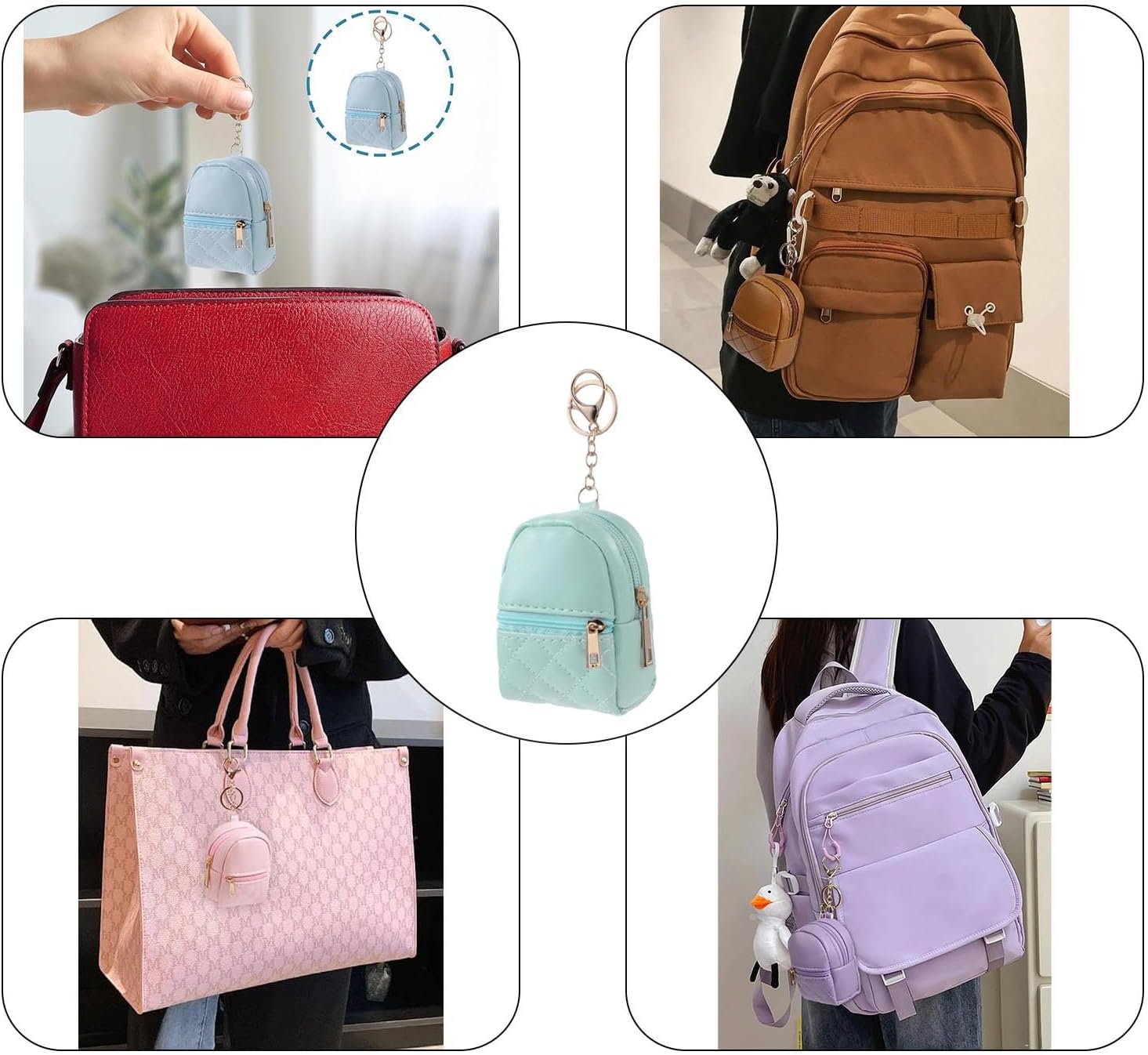 1 Pc Green Mini Backpack Keychain for Women,Cute Small Cosmetic Bag,PU Leather Makeup Bag Key Pocket Lipstick Bag Card Holder Data Cable Organizer Zipper Pouch - Image 3