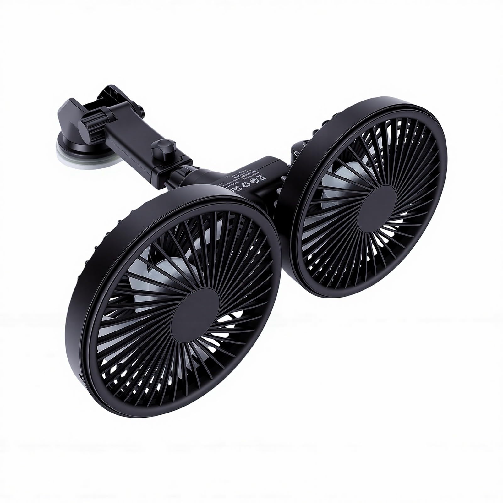 Tosuny Ventilador de Coche de Doble Cabezal con Ventosa, Ventilador de Camión Ajustable de 360°, Recargable de 3600mAh, Fuerte Flujo de Aire para Semirremolque RV Van Cab (BLACK)