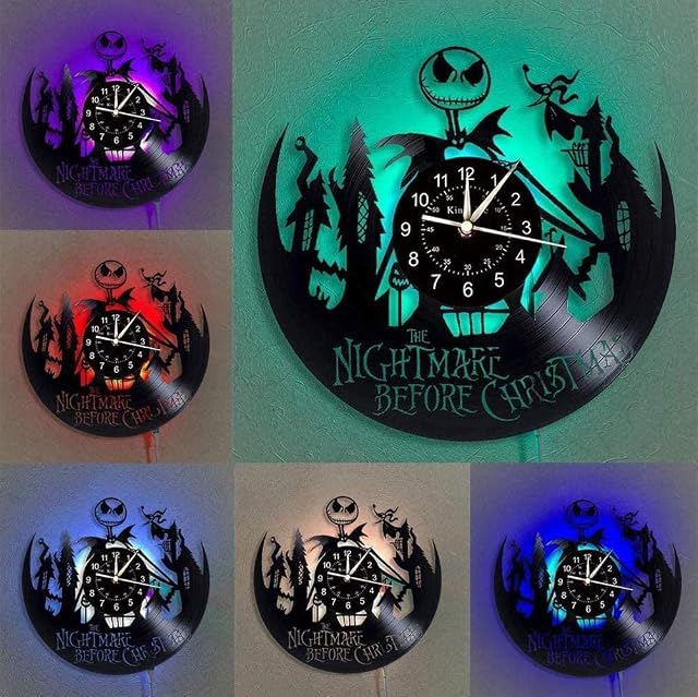 The Nightmare Before Christmas Vinyl Record Wall Clock-Home Decoration Creative Wall Art Vintage Decor -Unique Gift - Living Room, Kitchen, Handmade Home Wall Decor, 12,Black (D-with led)