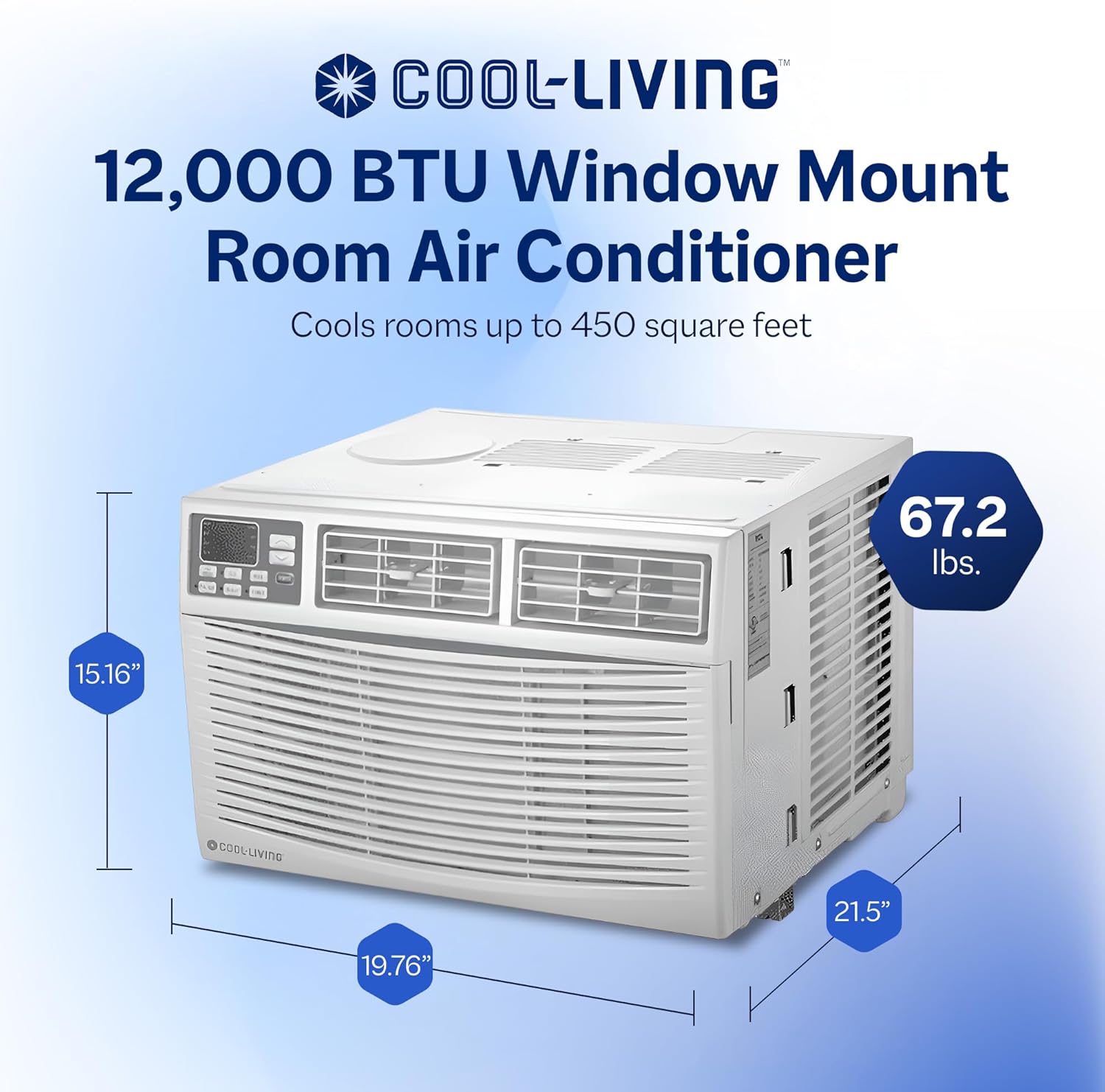Diagram showing the dimensions of the 12,000 BTU Window Mount Room Air Conditioner.