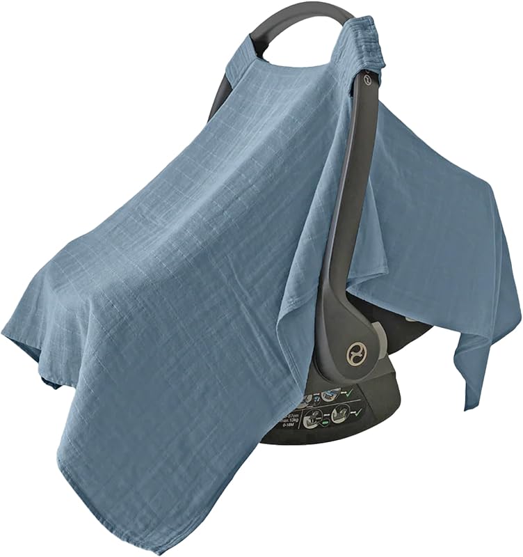 MOZAH Baby Car Seat Cover, Versatile Nursing Cover, Infant Car Seat Protector, Breathable Organic Cotton Muslin, Essential Newborn and Nursery Must-Haves, Unisex, Blue Mirage