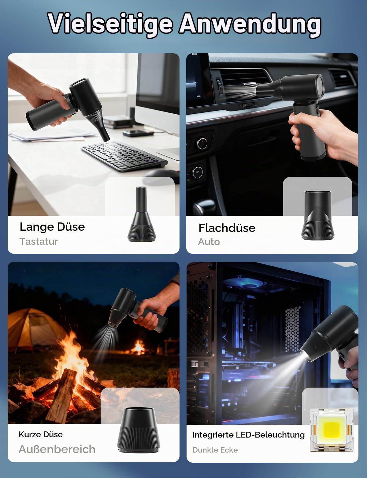 Elektrisches Staubgebläse Aluminium, Electric Air Duster Super Power mit Akku Windkraft Dual-Modus Stufenlos Einstellbare Geschwindigkeit, für Computer Tastatur Haus Auto Garten