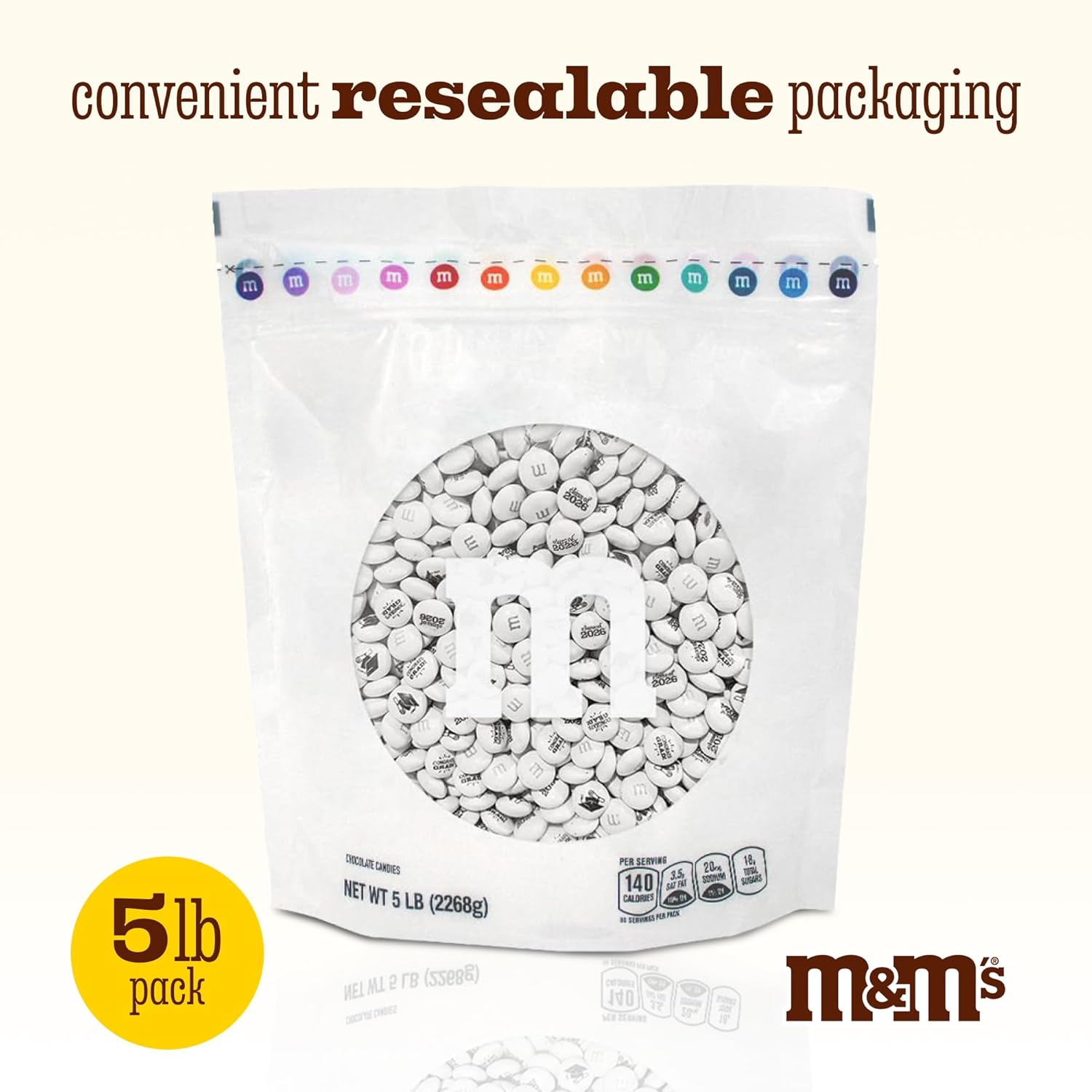 M&M’S WORLD Class of 2026 Milk Chocolate Candies, 5 Pounds of White Bulk Candy With Printed Graduation Themed Images, Resealable Pack for Parties, Grad Gifts, DIY Party Favors & More