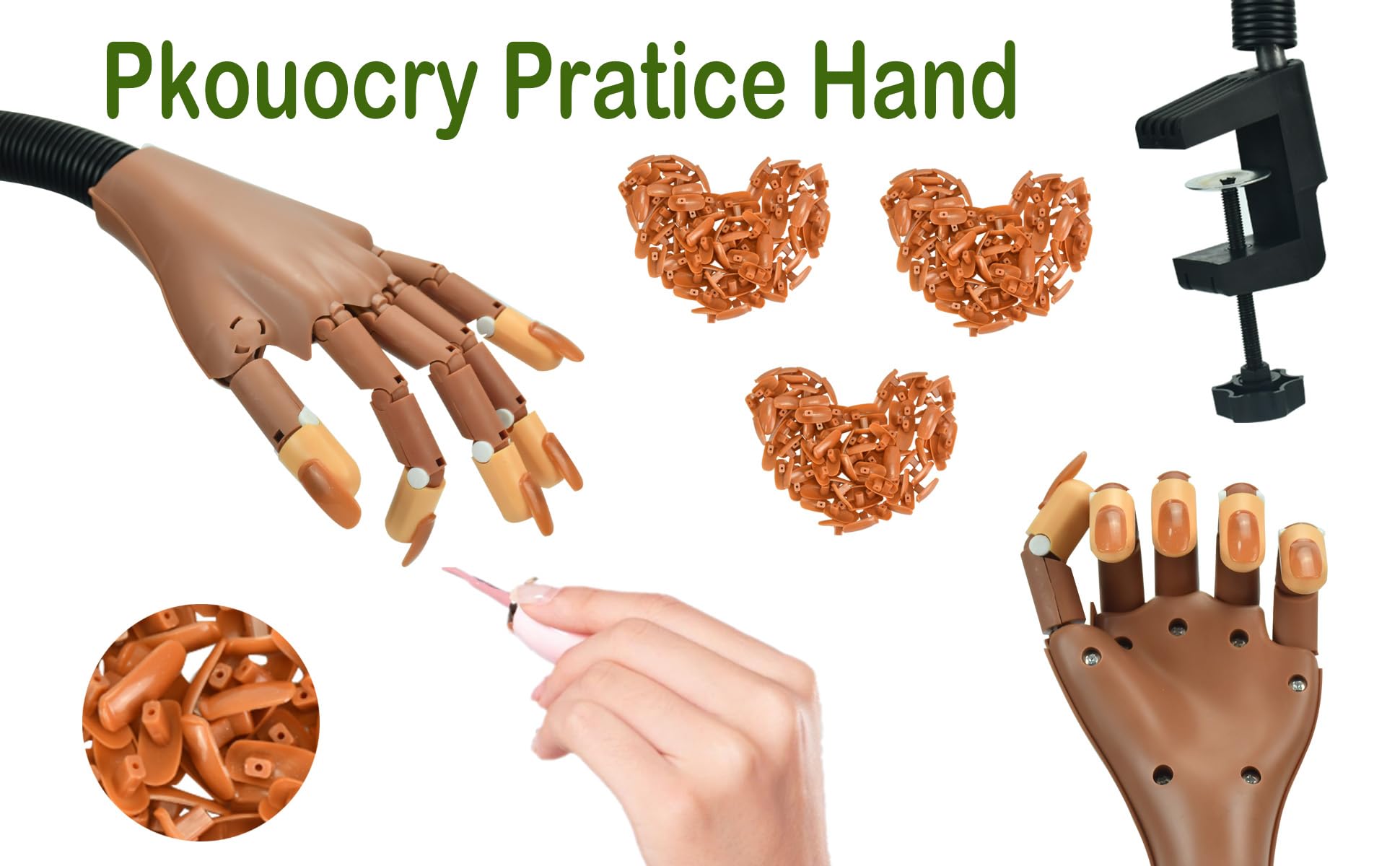 Main d'Entrainement Manucure, Faux ongles, 300 Morceaux d'Ongles et Fausse Main Manucure, Amovible Main Entrainement Ongles pour Manucure à Ongles Bricolage (brun)