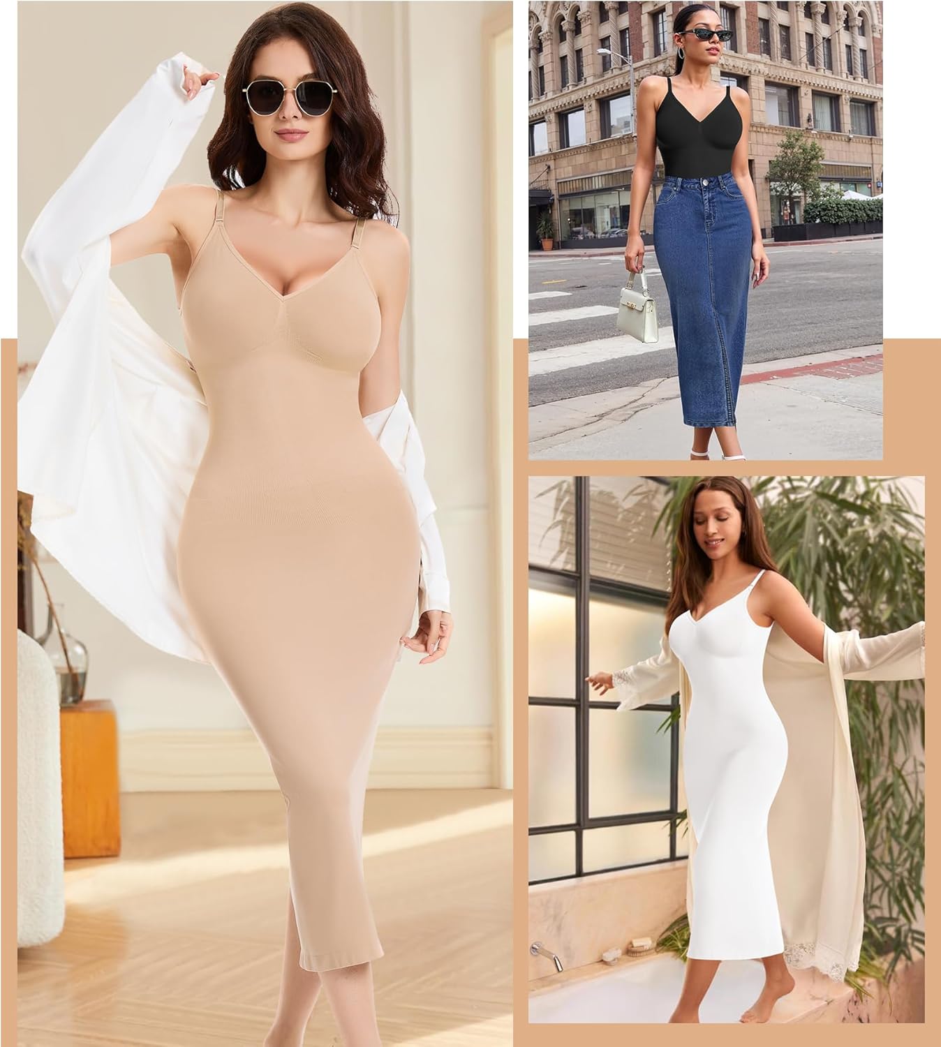 Shapewear Slips For Under Dress Tummy Control V Neck Long Full Slip Dresses for Women Body Shaper Seamless with Adjustable Strap Beige S - Image 6