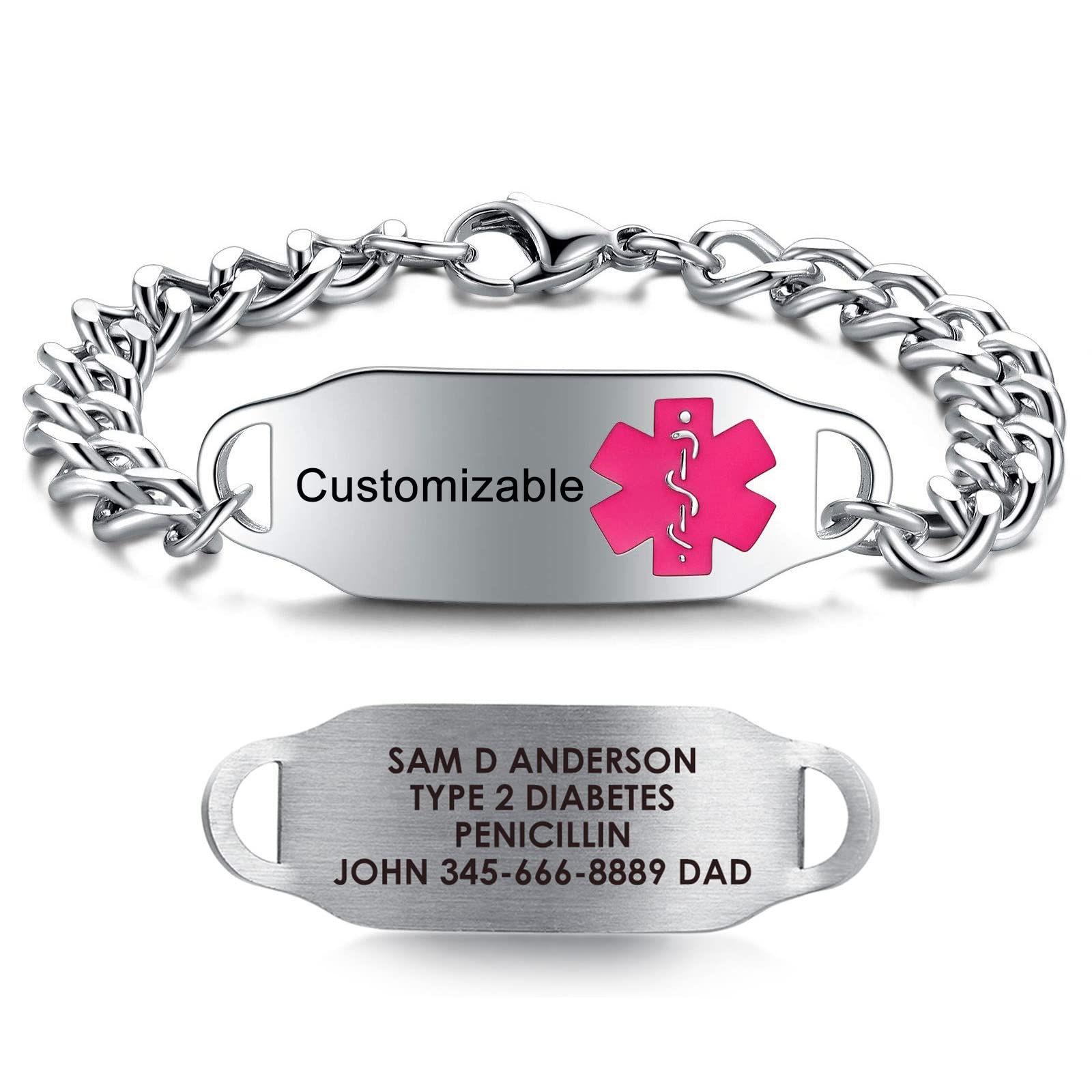 JF.JEWELRY Customized Women's Stainless Steel Medical ID Bracelet | Allergy Medical Alert Bracelet | Free Engraving