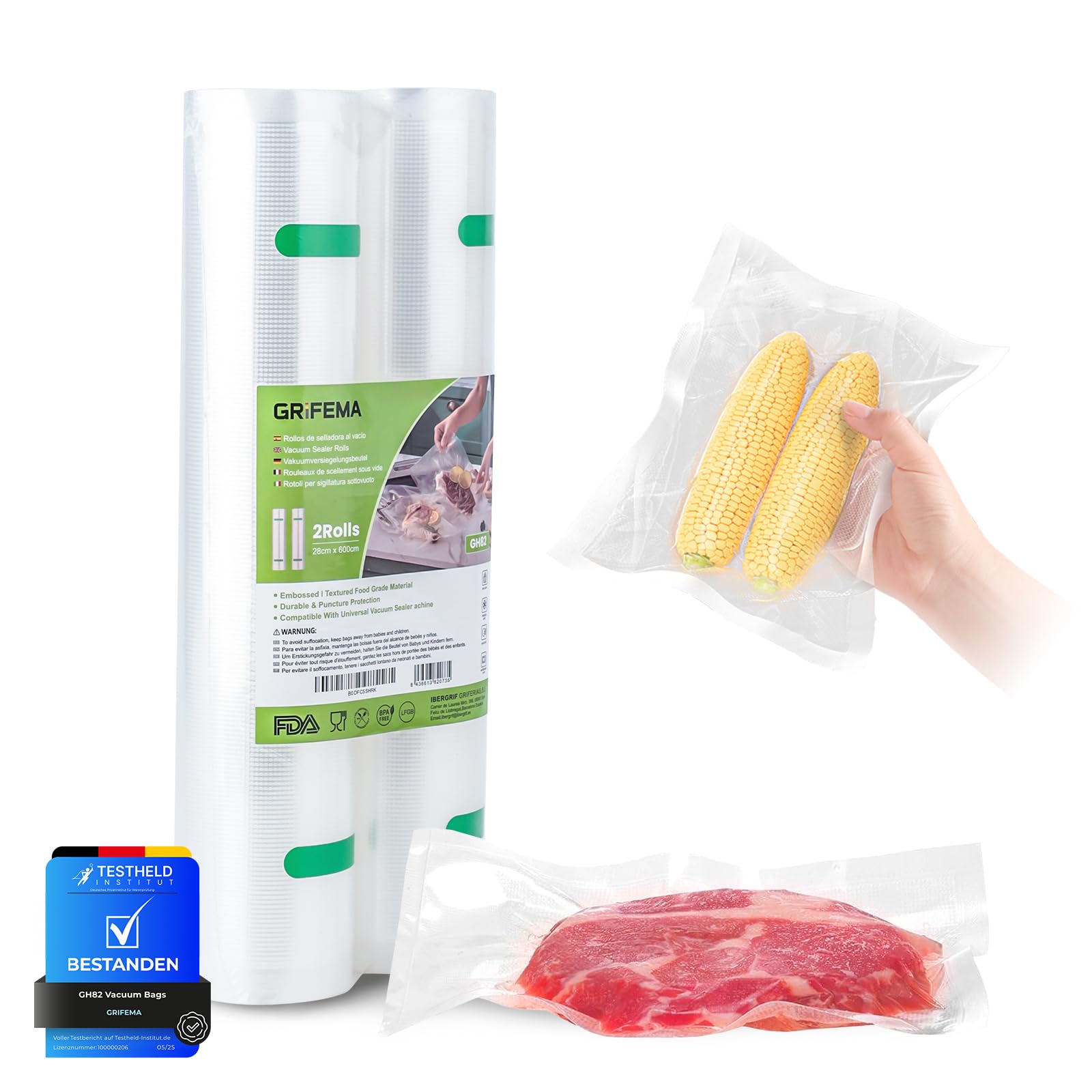 GRIFEMA GH82 Vacuum Sealer Rolls Bags 2 Pack (28cmx6m), BPA Free Textured Pouches for Sous Vide Cooking, Long Term Meat Storage & Freezing