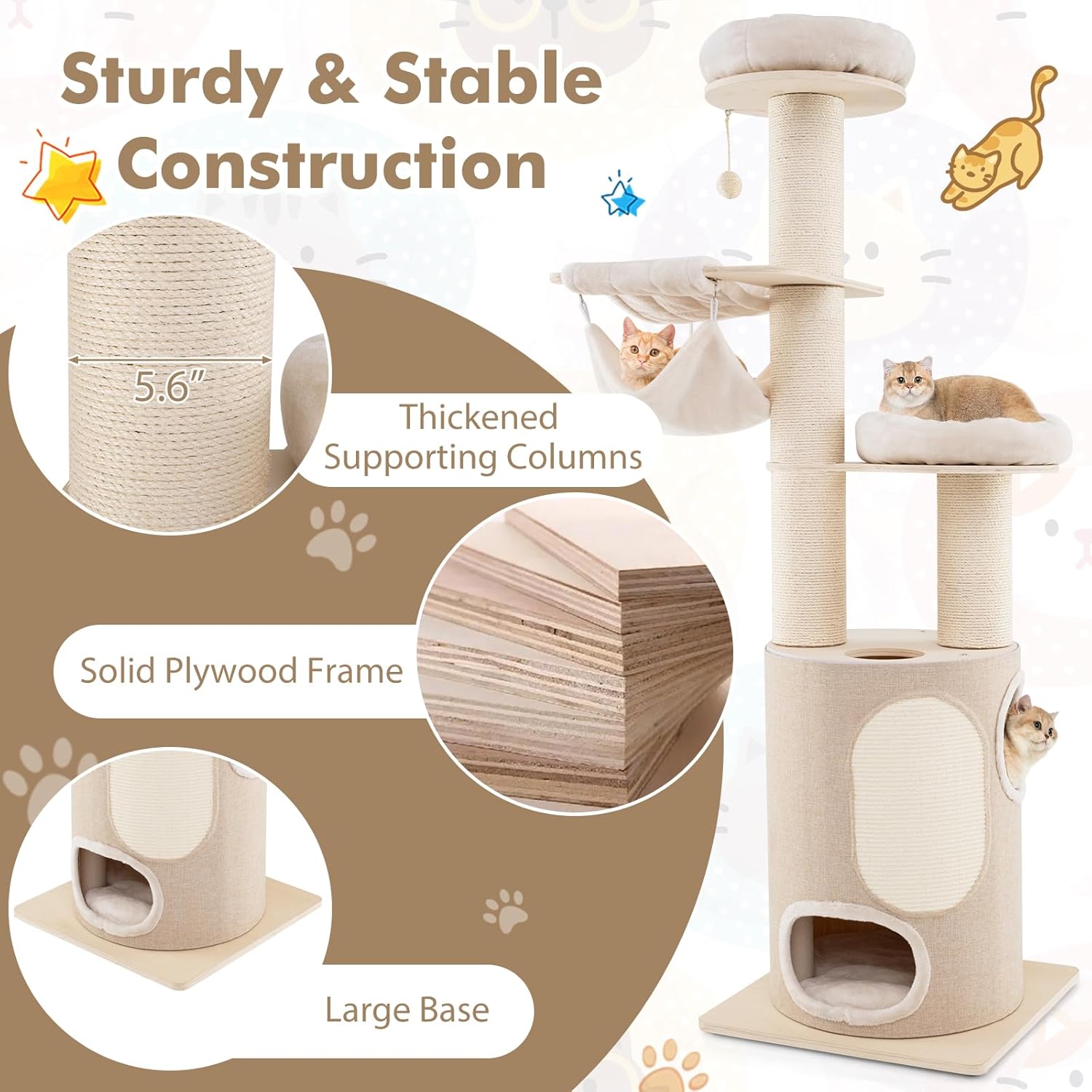 Tangkula Cat Tree Tower, 74 Inch Multi-Level Tall Cat Tower with Sisal Scratching Posts, 2-Story Cat Condo, 2 Hammocks, 2 Perches & Ball, Washable Cushions, Modern Cat Tree for Indoor Cats Large