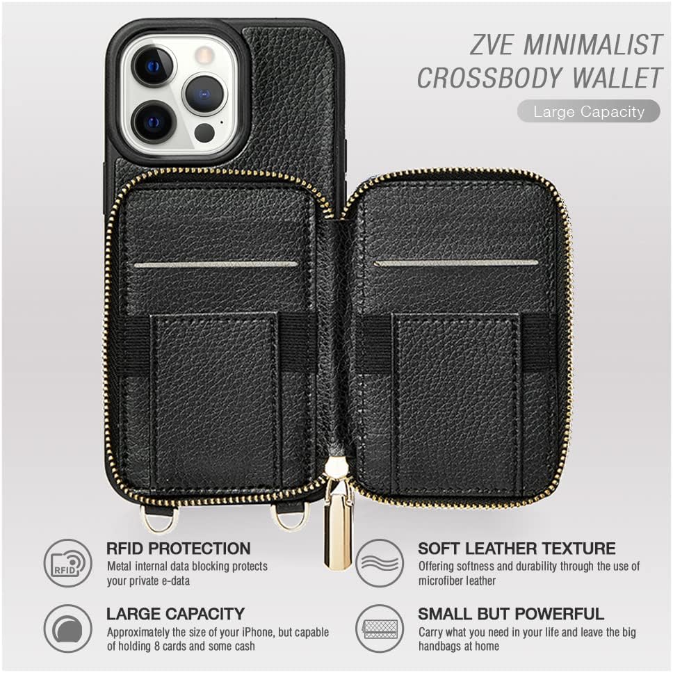 ZVE iPhone 12 Pro Crossbody Wallet Case, iPhone 12 Magsafe Wireless Purse Case Cover with RFID Bolcking Card Holder Wrist Strap for iPhone 12/12 Pro, 6.1"-Black