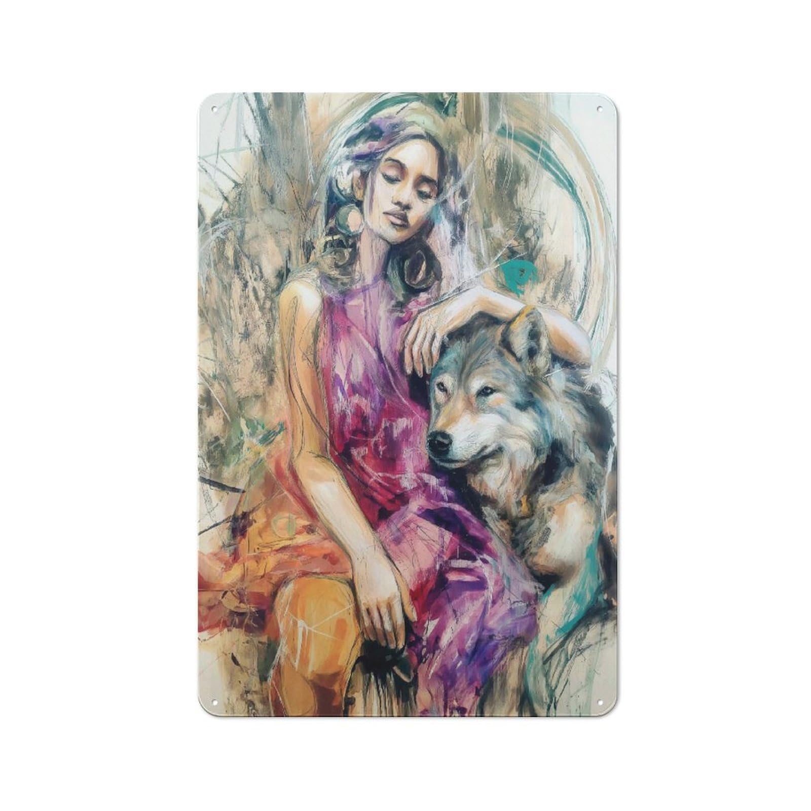 Simple Retro Girl with Wolf Artistic Bond Metal Wall Plaque 30x20cm, Creative Space Decor for Office, Study, Studio Or Hallway