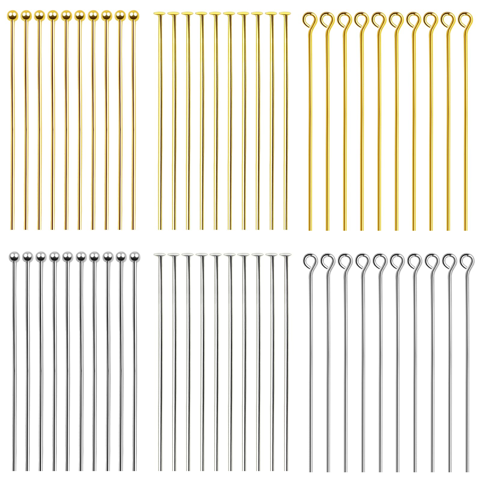 TOAOB 600pcs Assorted Head Pins Set for Jewelry Making Includes Brass Gold Silver Headpins 50mm Flat Head Pins and Eye Pins for DIY Craft