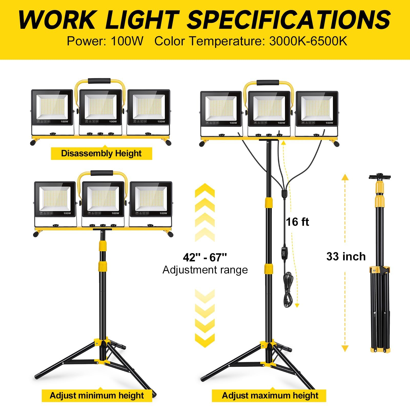 Baustrahler LED mit Stativ | LED Baustrahler 30000LM | 300W （ 3x 100W) Dreifarbig | IP66 Baustellenlampe mit 5 m Netzkabel | Höhenverstellbar 160cm