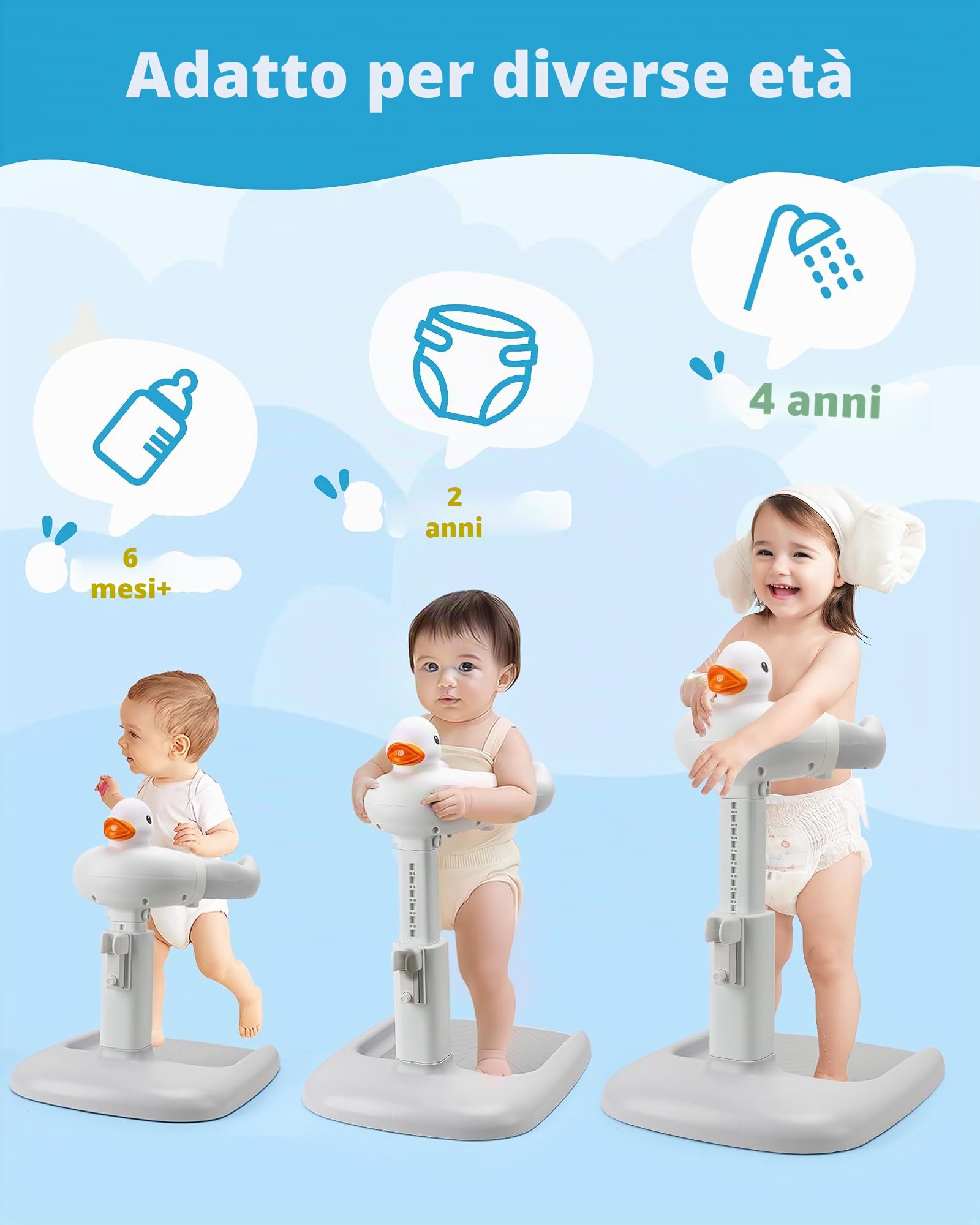 Struttura regolabile in altezza con sedile: cabina doccia con sedile per bambini dai 6 mesi in su. Base antiscivolo e design anatra
