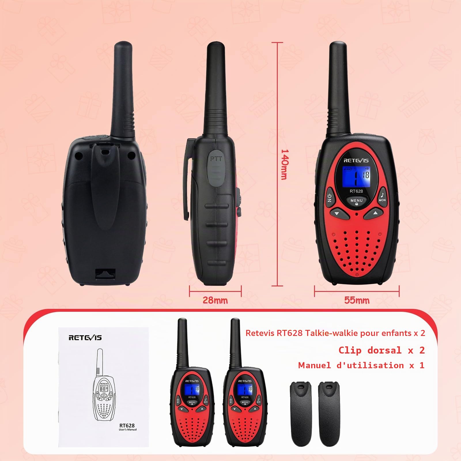 Retevis RT628 Talkie Walkie Longue Portée, Lot de 4 Talkie Walkies Enfants Adultes 8 Canaux VOX, PMR446, Facile à Utiliser, Walkie Talkie pour Camping, Randonnée, Fêtes et Aventure (2 Paires, Rouge)