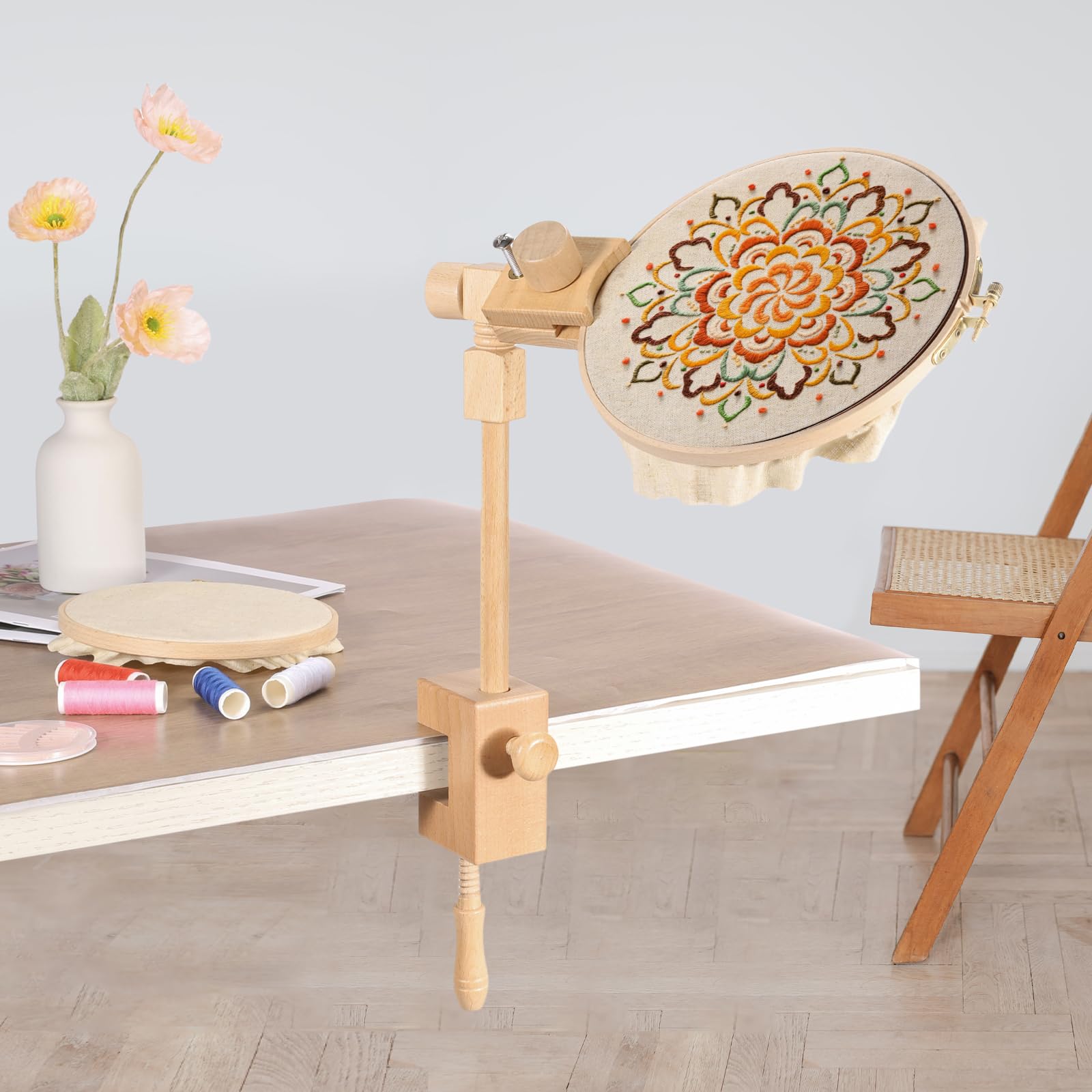 PATIKIL Soporte de aro de bordado, soporte de punto de cruz de madera de haya giratoria ajustable para manualidades, costura, proyectos de costura, con aro de bordado de 8 pulgadas