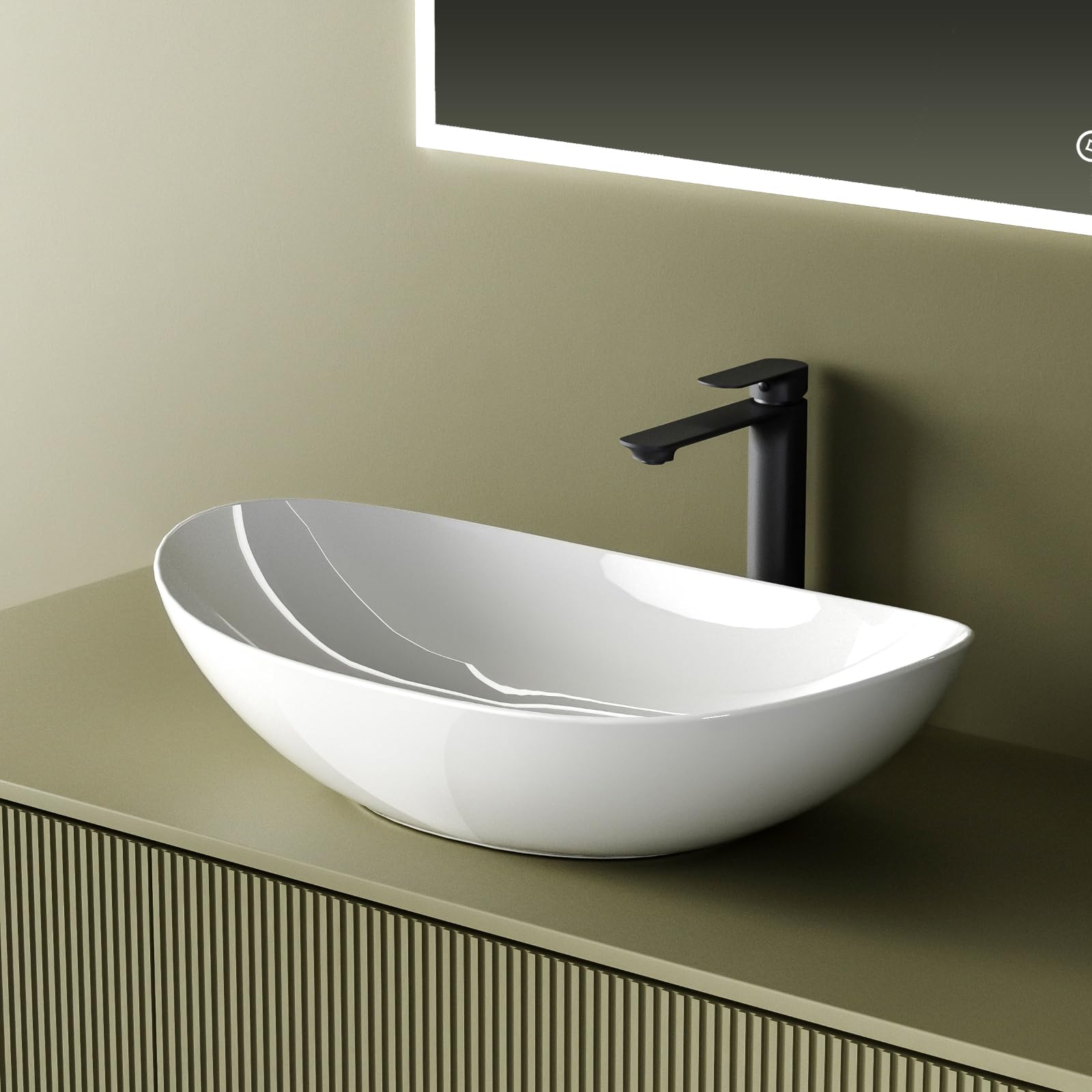 EMKE Lavabo para montar 615 x 360 x 155 mm,Blanco Brillante | Lavabo ovalado de cerámica para baño, instalación sobre encimera, lavabo para baño y WC de invitados