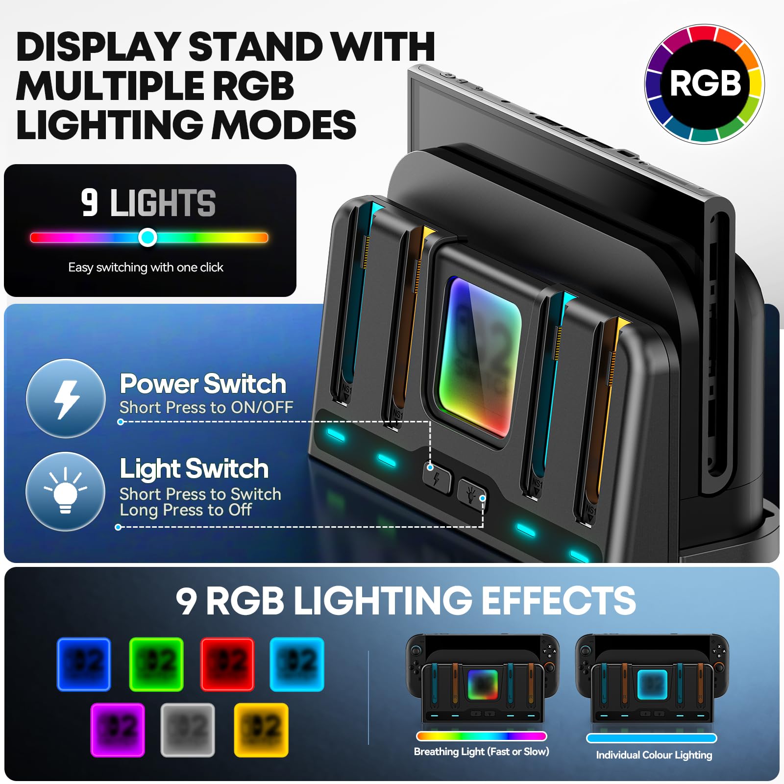 Base de Carga para Mandos Switch 2/SW/OLED, Cargador Joy-con para 4 Mandos NS, Magnética Soporte para Consola Switch, Accesorio Nintendo Switch con 9 Modos RGB & Cable de Carga