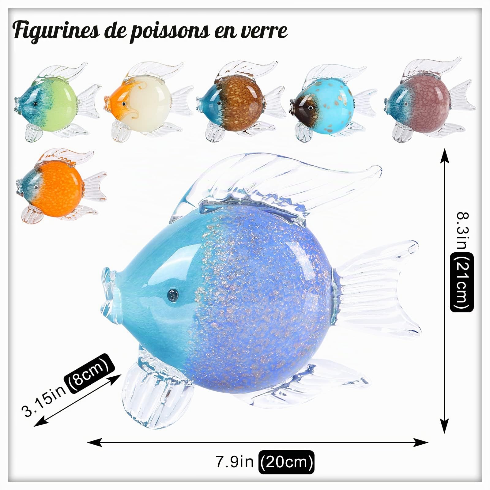 Poisson en Verre Soufflé - Statue Décorative Artisanale - Presse-Papier pour Bureau Moderne ou Maison - Décoration Côtière - Cadeau Intérieur (WA-7)