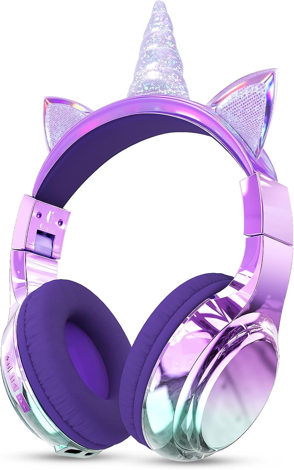 QearFun Kids Unicorn Bluetooth Headphones, 60H Playtime, 74/85/94dB Safe Volume Limit, Metallic Gradient Wireless Headset with Mic, Fast Charging, Foldable, Wired Mode for Girls School/Tablet/Travel Unicorn Purple