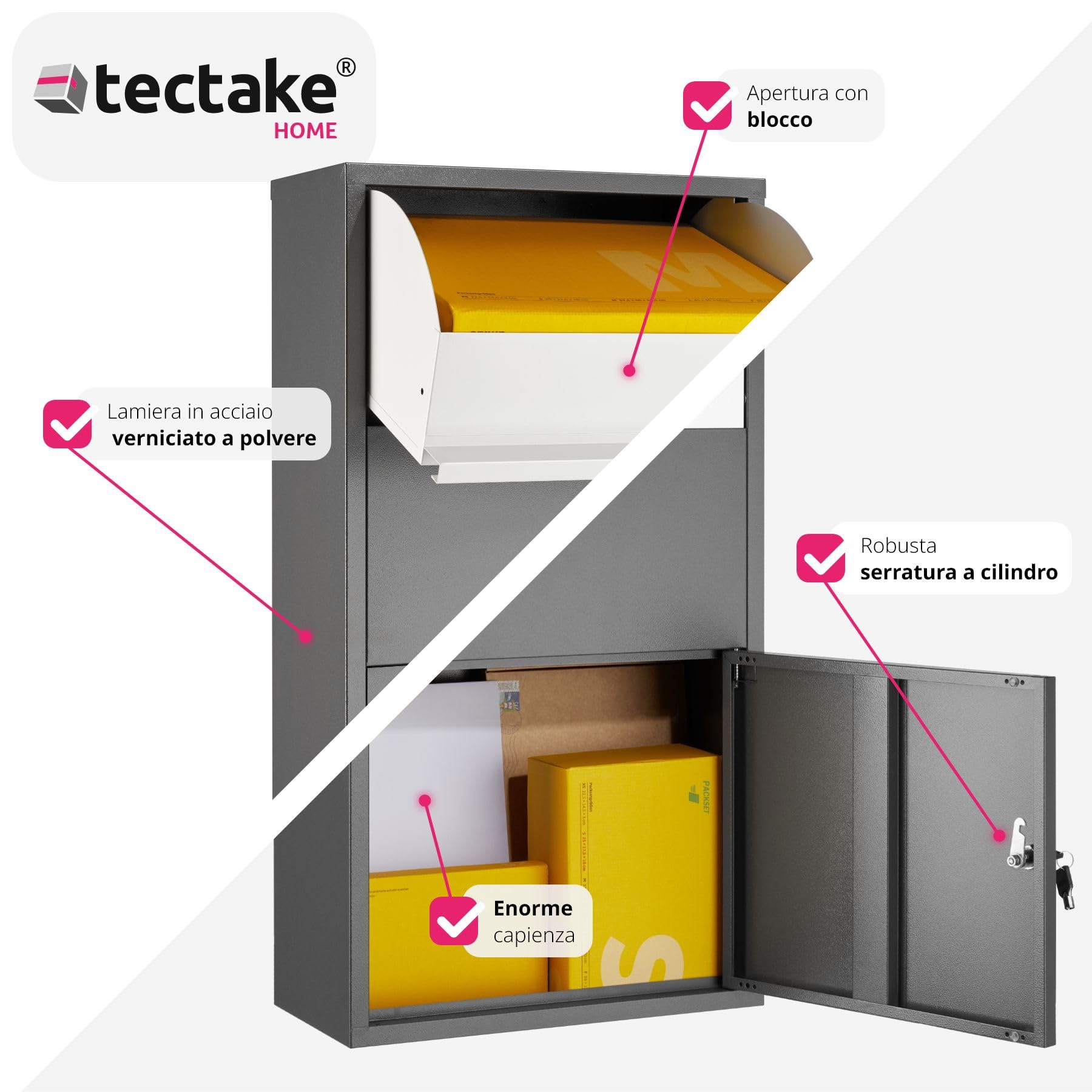 tectake® Cassetta per Pacchi, Cassetta della Posta Preassemblata, Apertura Cassetta Postale per Esterni con Blocco Antifurto, Serratura Cilindrica con Due Chiavi, Cassetta Lettere 44 x 22 x 82 cm