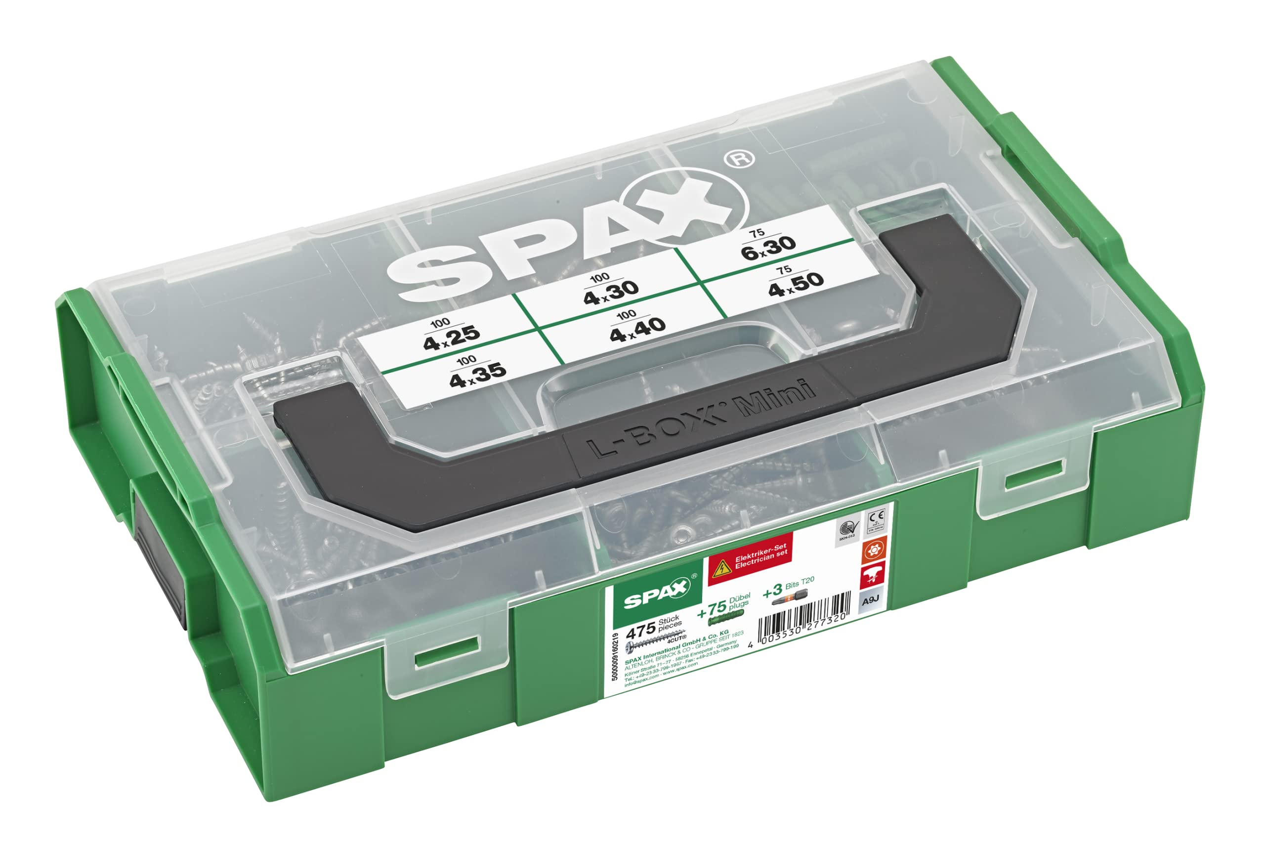 SPAX Montagekoffer L-BOXX Mini, Elektriker-Set inkl. 475 Halbrundkopfschrauben in 5 Abmessungen, 75 passenden Dübeln und 3 T-STAR plus Bits
