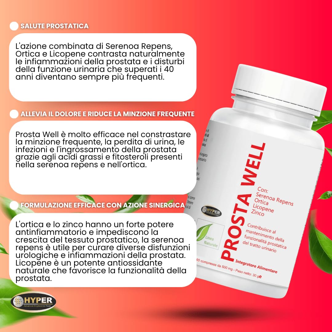 Prosta Well Integratore Benessere Salute Favorisce la Funzionalità della Prostata e delle Vie Urinarie con Serenoa Repens Ortica Licopene Zinco Alto Dosaggio 240 Compresse Prodotto in Italia
