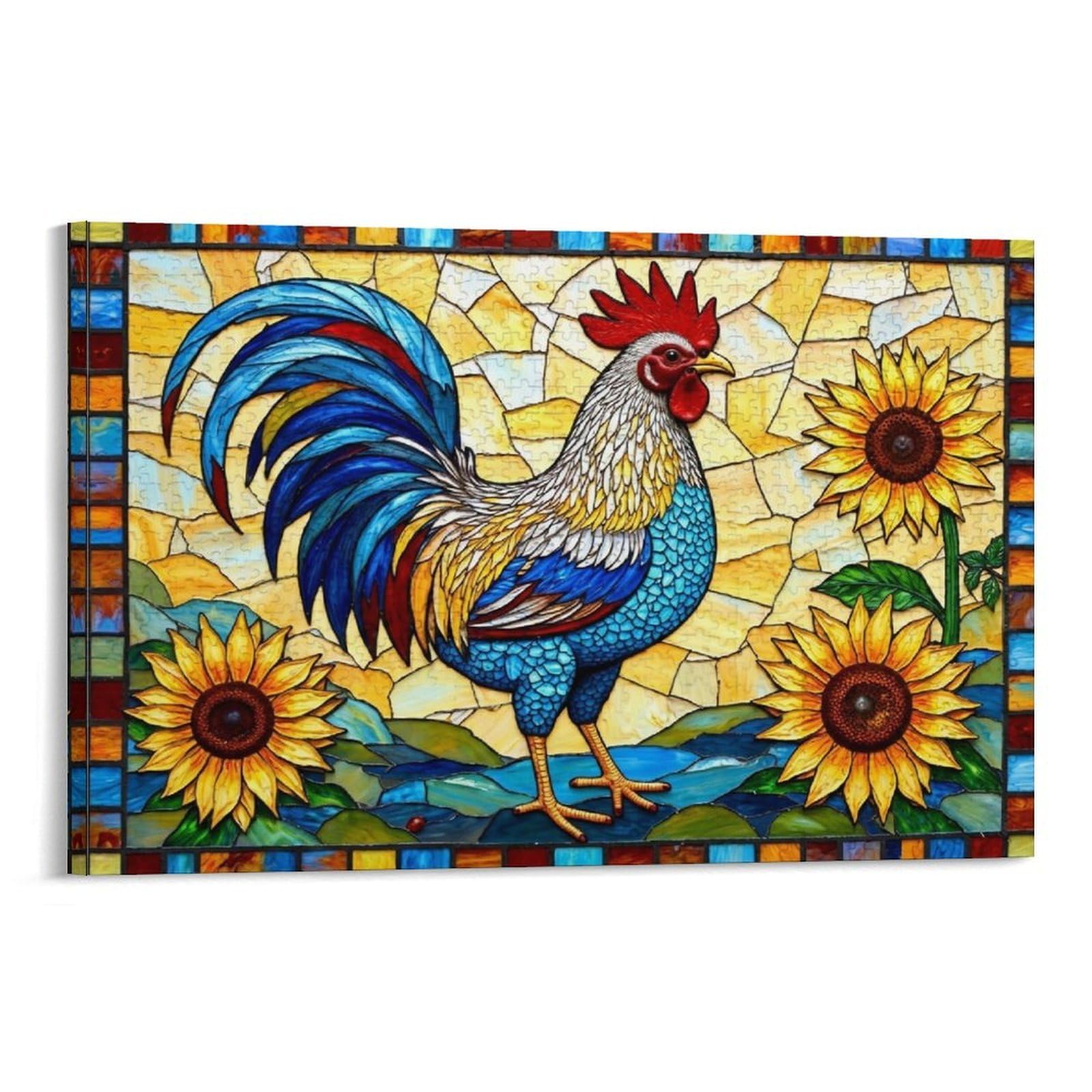 CPLVKWRQJ Stained Glass Rooster Single Rooster Sunflower Colorful Stained Glass Art Framed Wall Art - Living Room Focal Point Ready to Hang Fade Resistant Wall Artwork 12x18inch(30x45cm)
