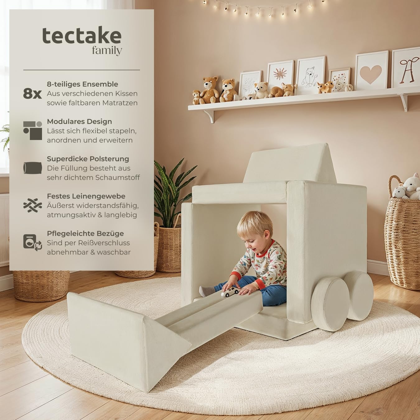 tectake® Spielsofa, Kindersofa klappbar, modulares Sofa mit Spiel- und Schlaffunktion, Möbel für Kinderzimmer, Indoor Spielplatz, Couch oder Sitzkissen, Schaumstoff Stapelsteine - 120 cm, beige