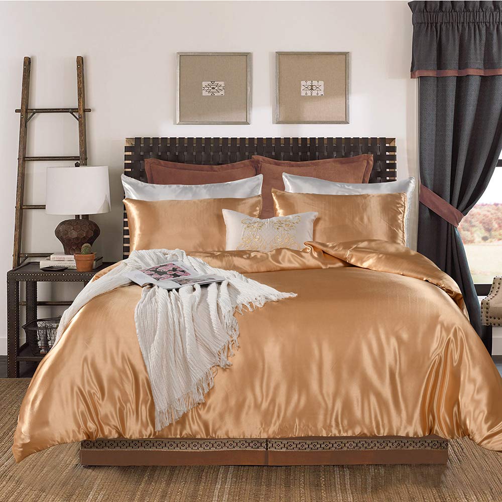 ABP Collection Duvet Cover - Gold Duvet Cover King Size 94X104 King/Cal King Size With Zipper Closure & Corner Ties, Ultra Soft Silky Satin Comforter Cover (1 Pieces Duvet Cover)
