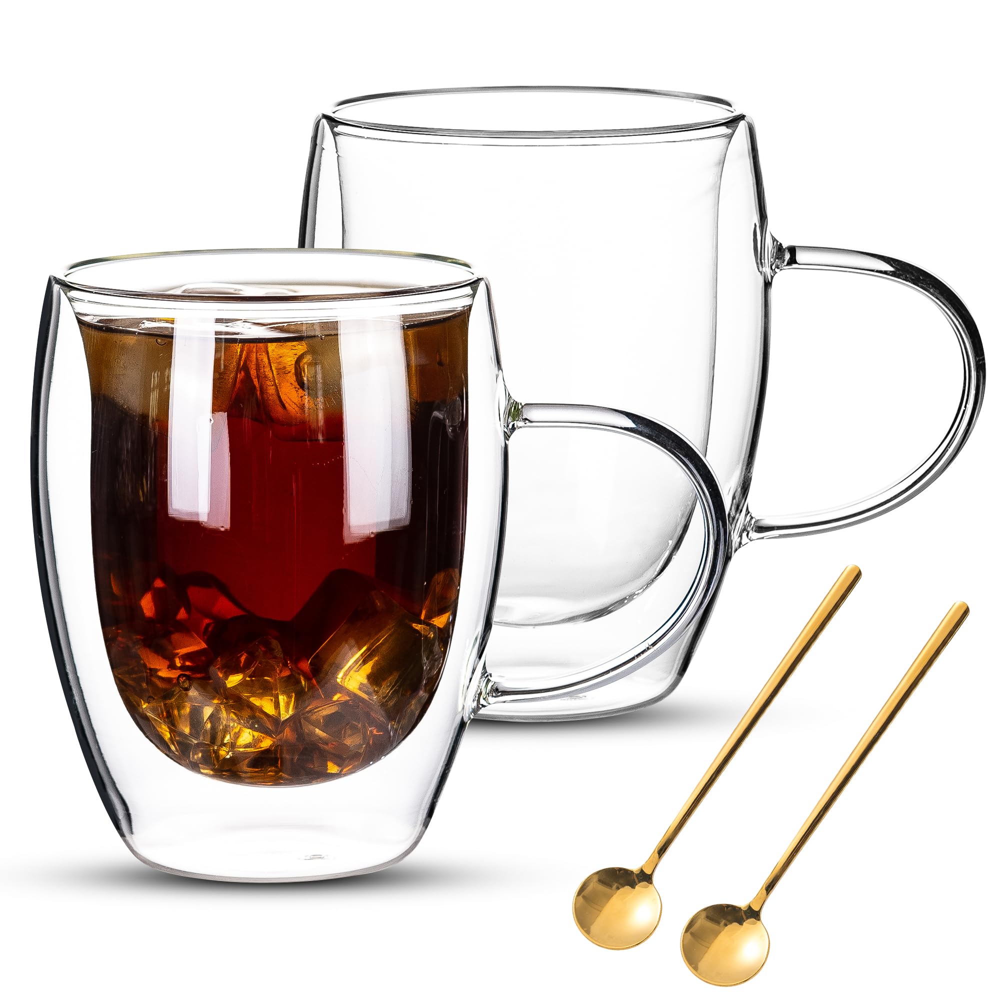 Photo 1 of (Fragile!)new**Noevany Double Wall Glass Coffee Mugs Set, Set Of 2 Glass Cup with 2 Gold Spoons, Clear Coffee Mug 12oz for Cappuccino, Latte, Milk, Tea, Hot and Cold Beverages, Housewarming Wedding Present Gifts